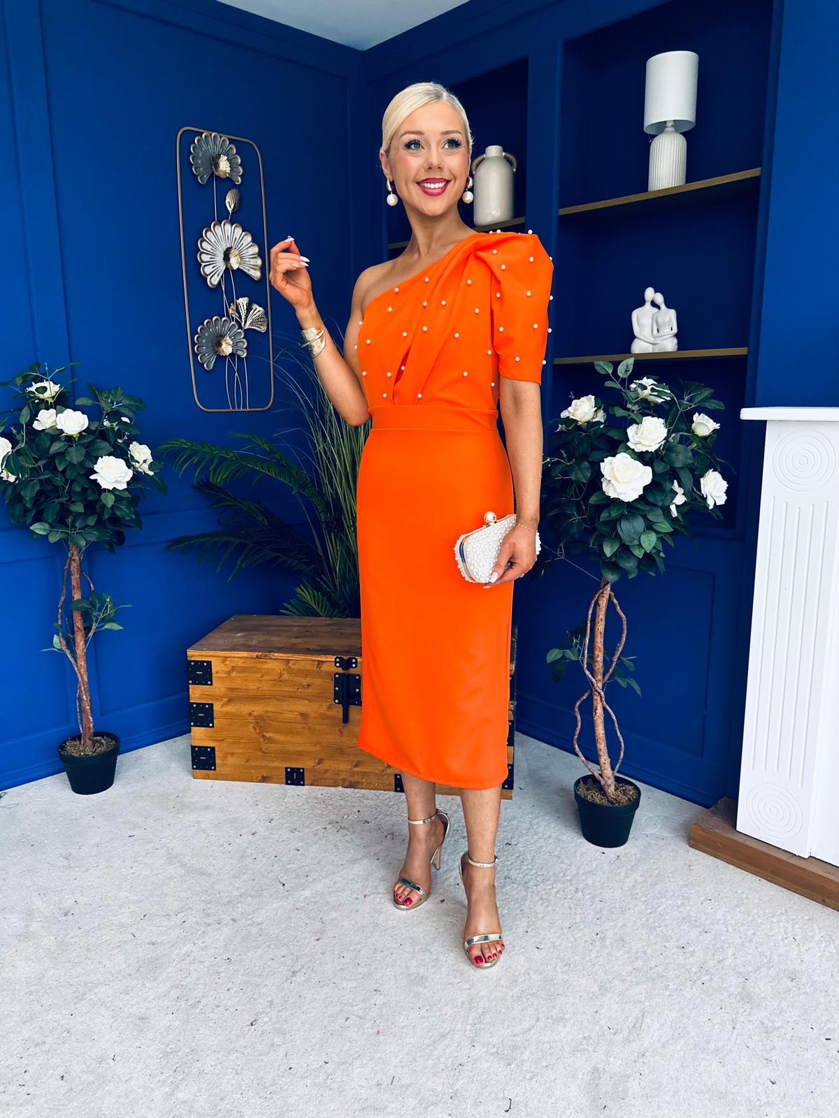 April Pearl Detail Occasion Midi Dress Coral