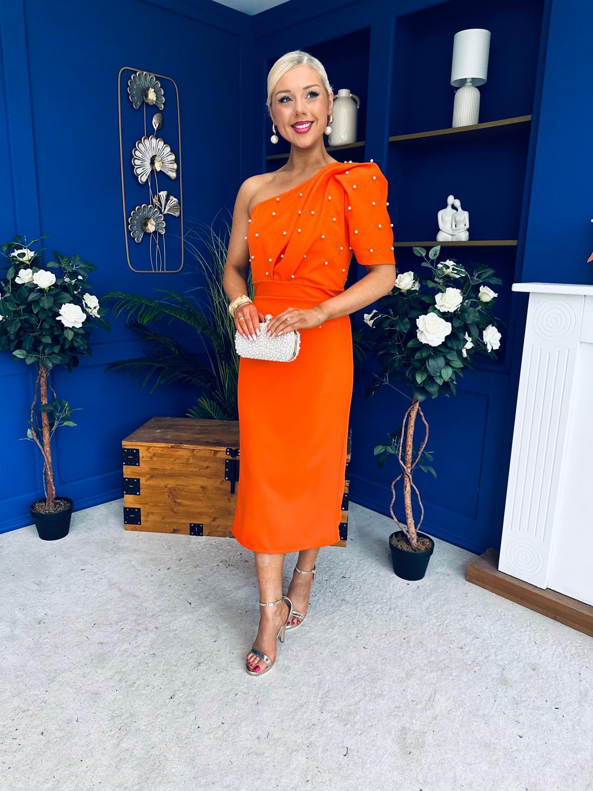 April Pearl Detail Occasion Midi Dress Coral