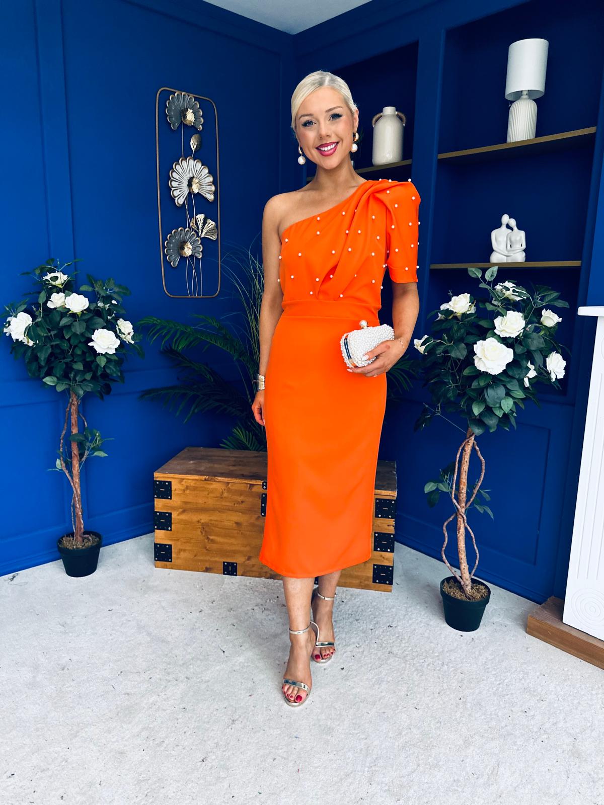 April Pearl Detail Occasion Midi Dress Coral