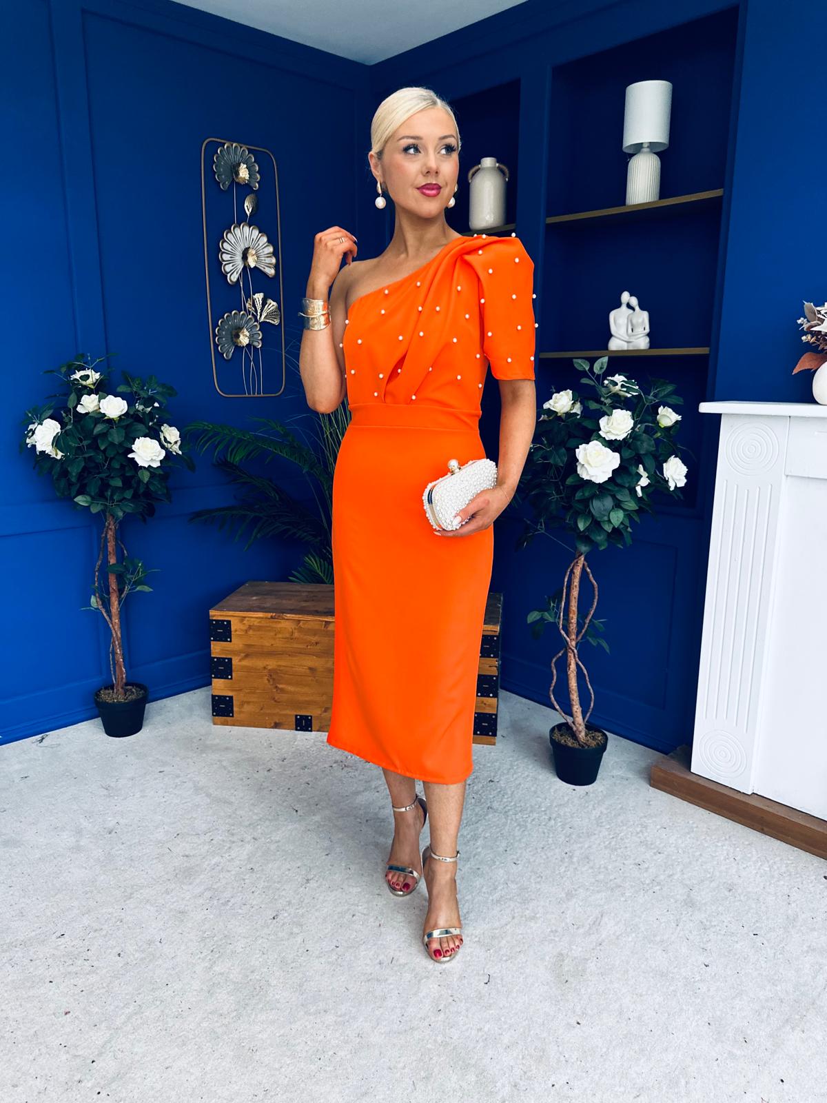 April Pearl Detail Occasion Midi Dress Coral