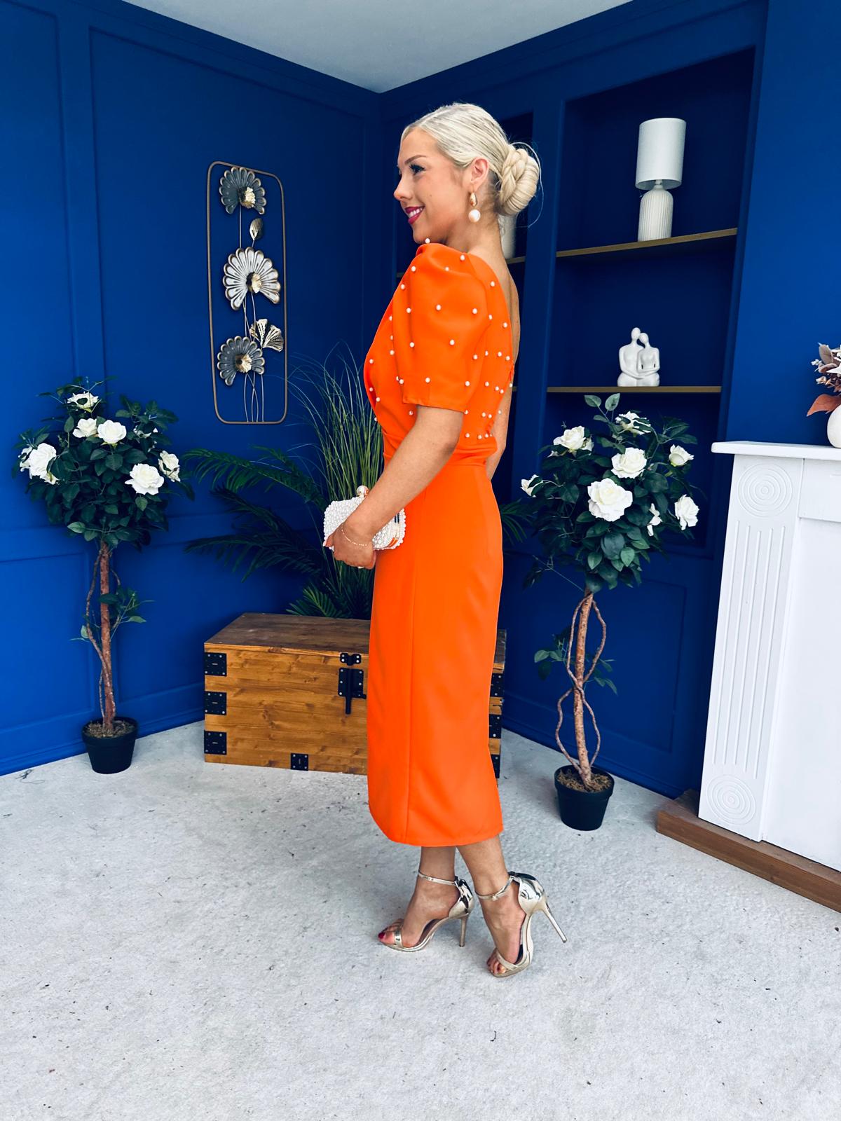 April Pearl Detail Occasion Midi Dress Coral