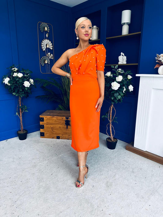 April Pearl Detail Occasion Midi Dress Coral