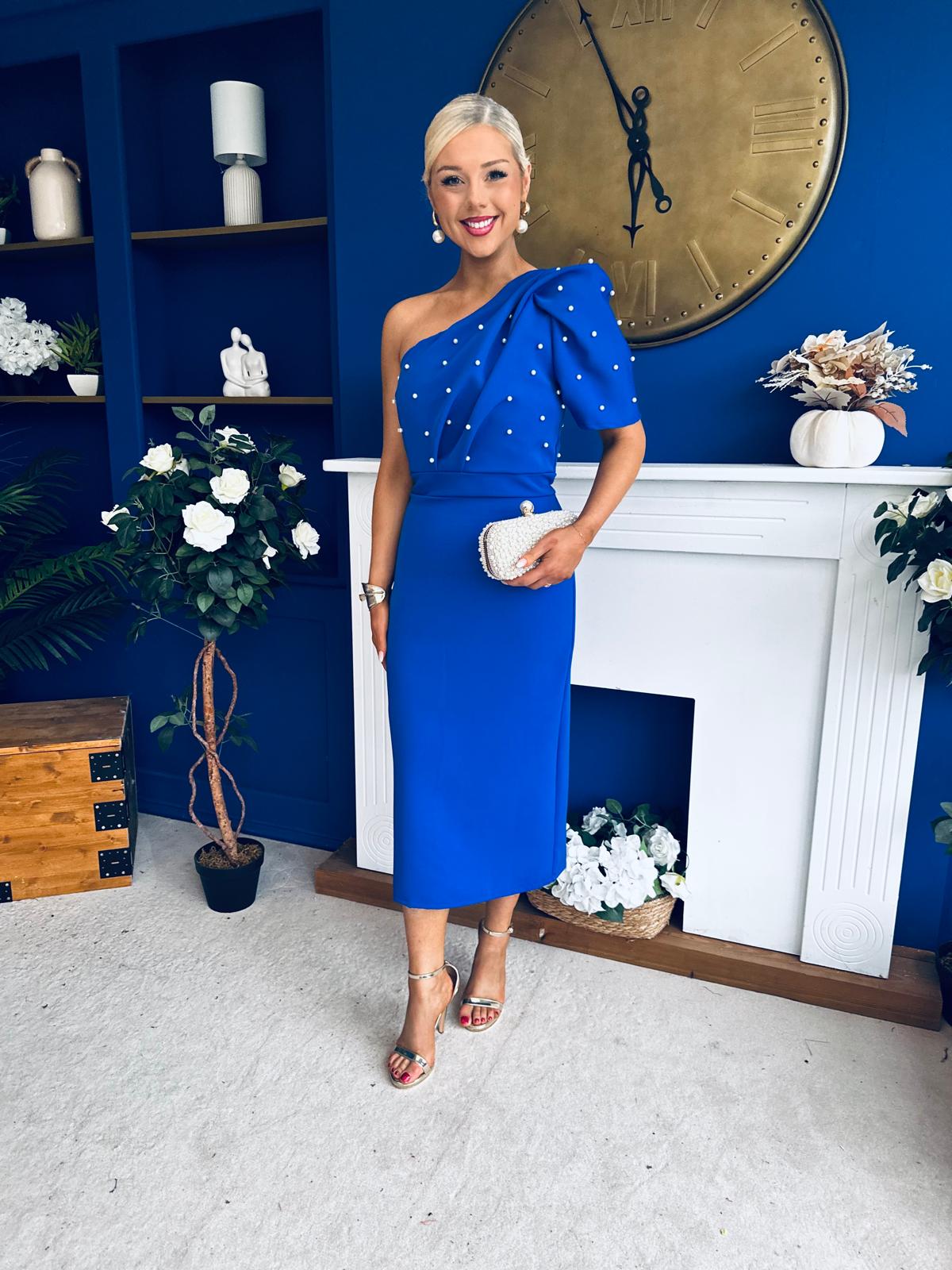 April Pearl Detail Occasion Midi Dress Cobalt