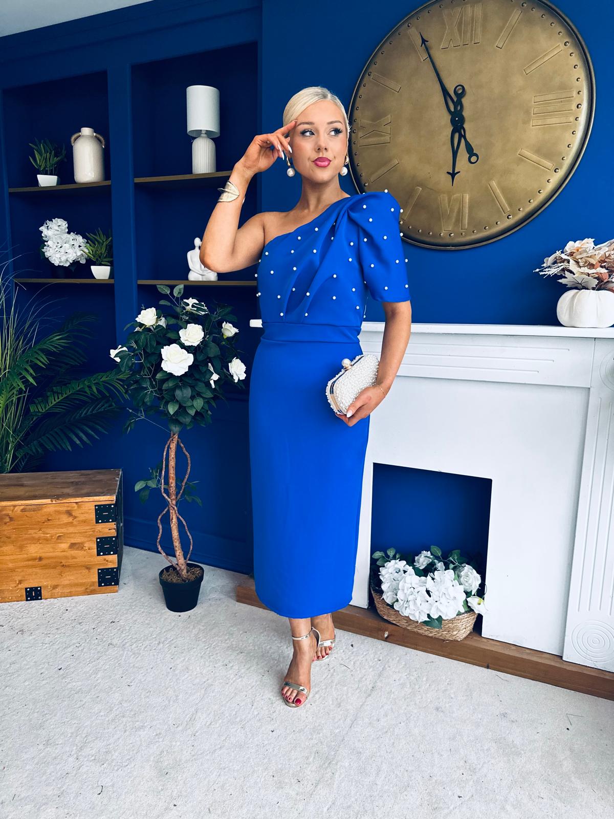 April Pearl Detail Occasion Midi Dress Cobalt