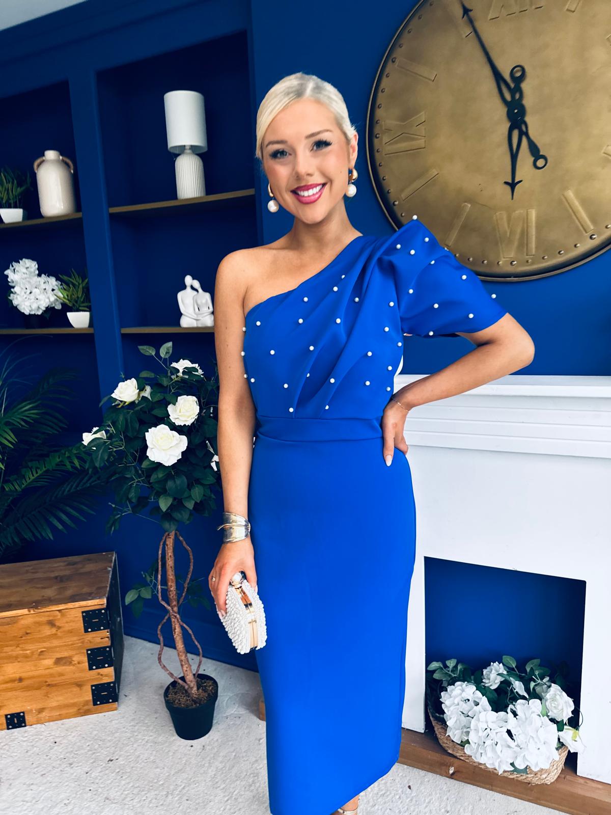 April Pearl Detail Occasion Midi Dress Cobalt