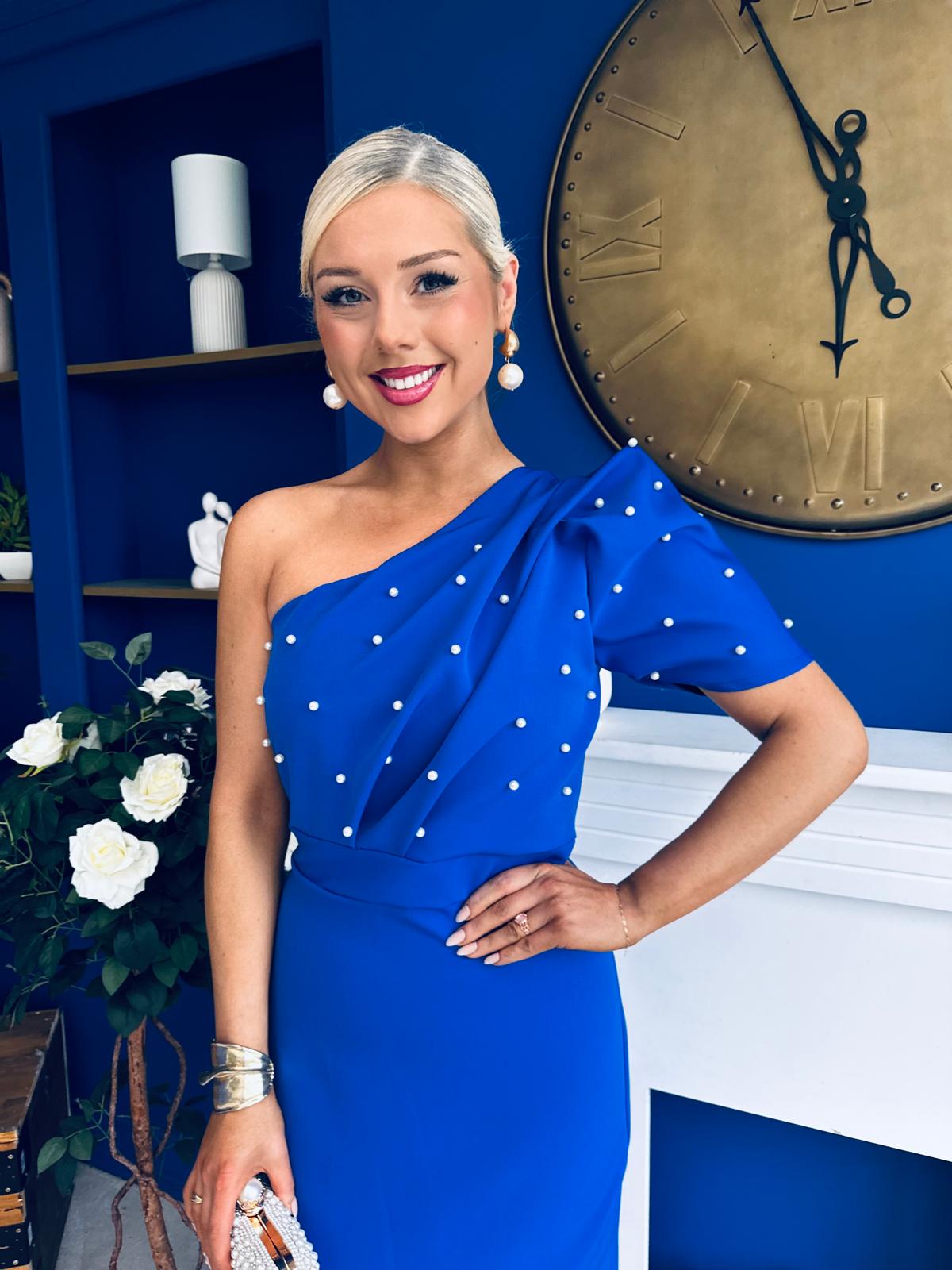 April Pearl Detail Occasion Midi Dress Cobalt