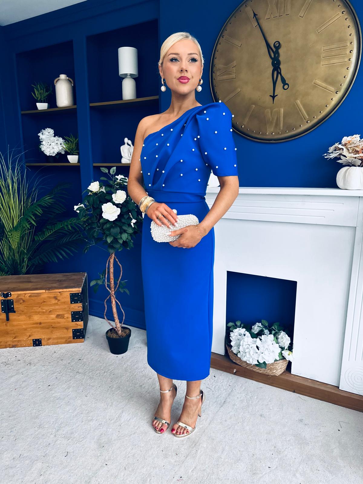 April Pearl Detail Occasion Midi Dress Cobalt