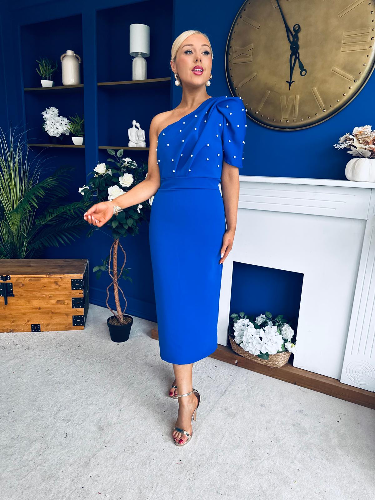 April Pearl Detail Occasion Midi Dress Cobalt