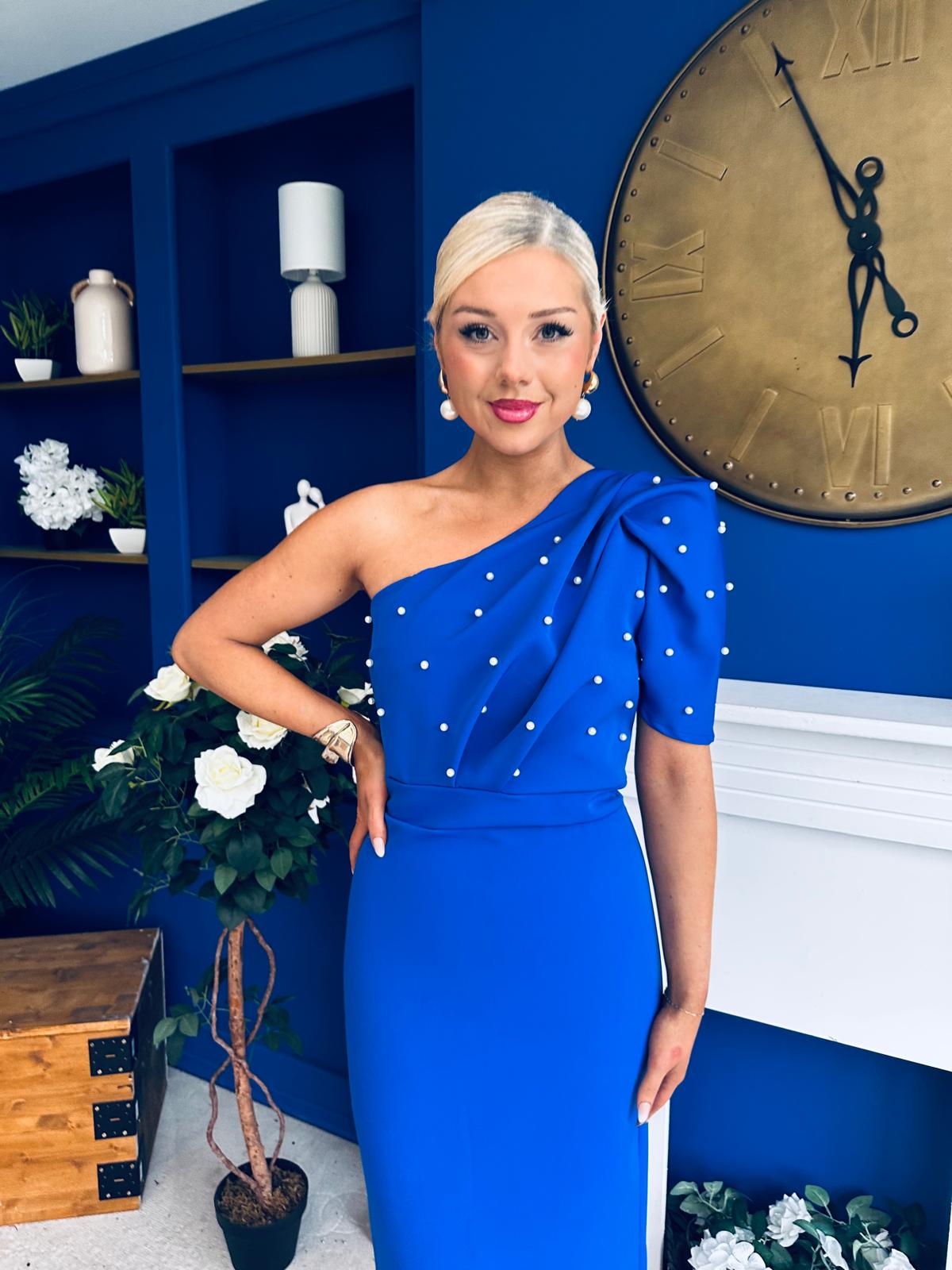 April Pearl Detail Occasion Midi Dress Cobalt