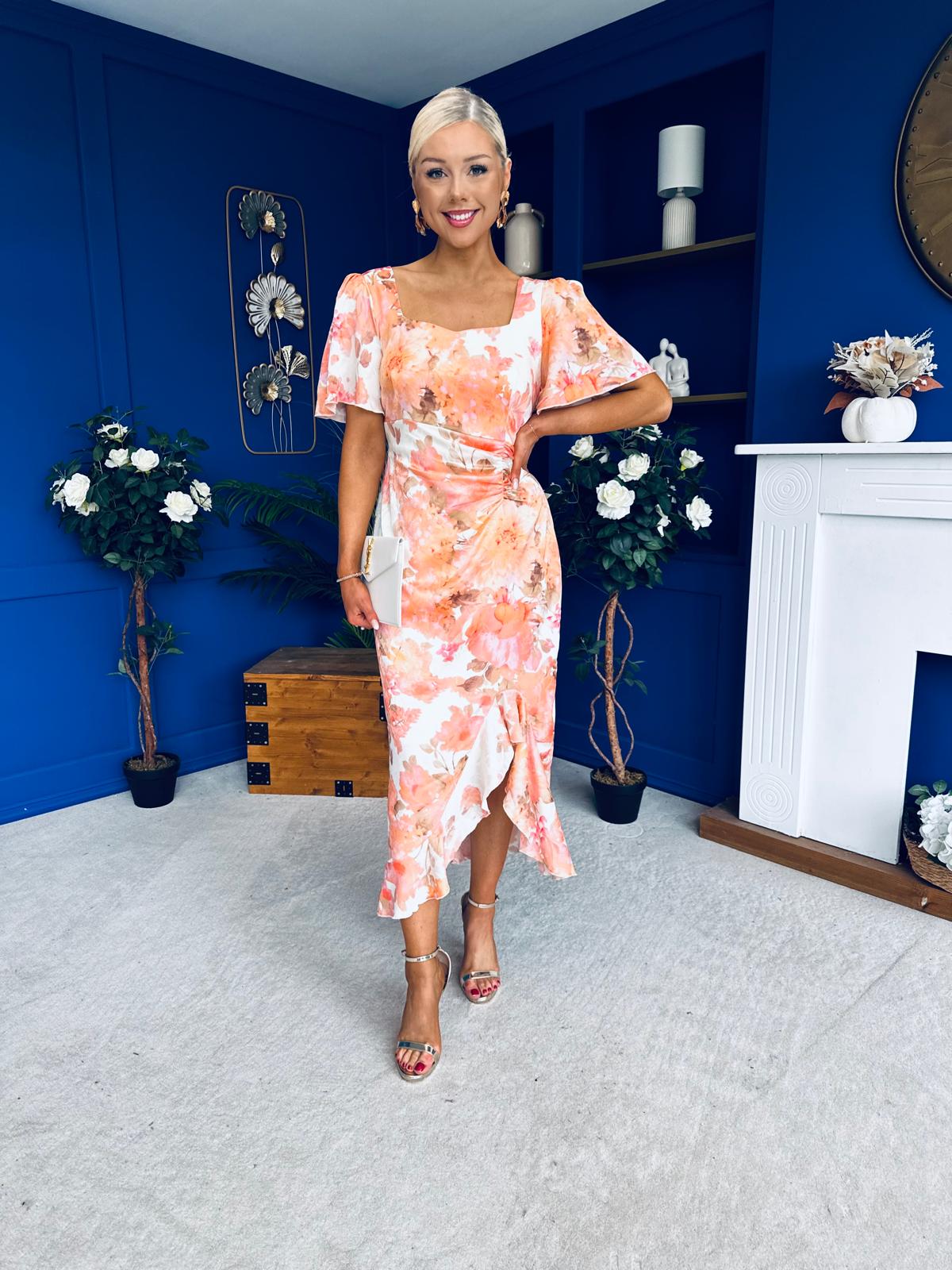 Heidi Square Neck Ruched Midi Dress Floral Coral