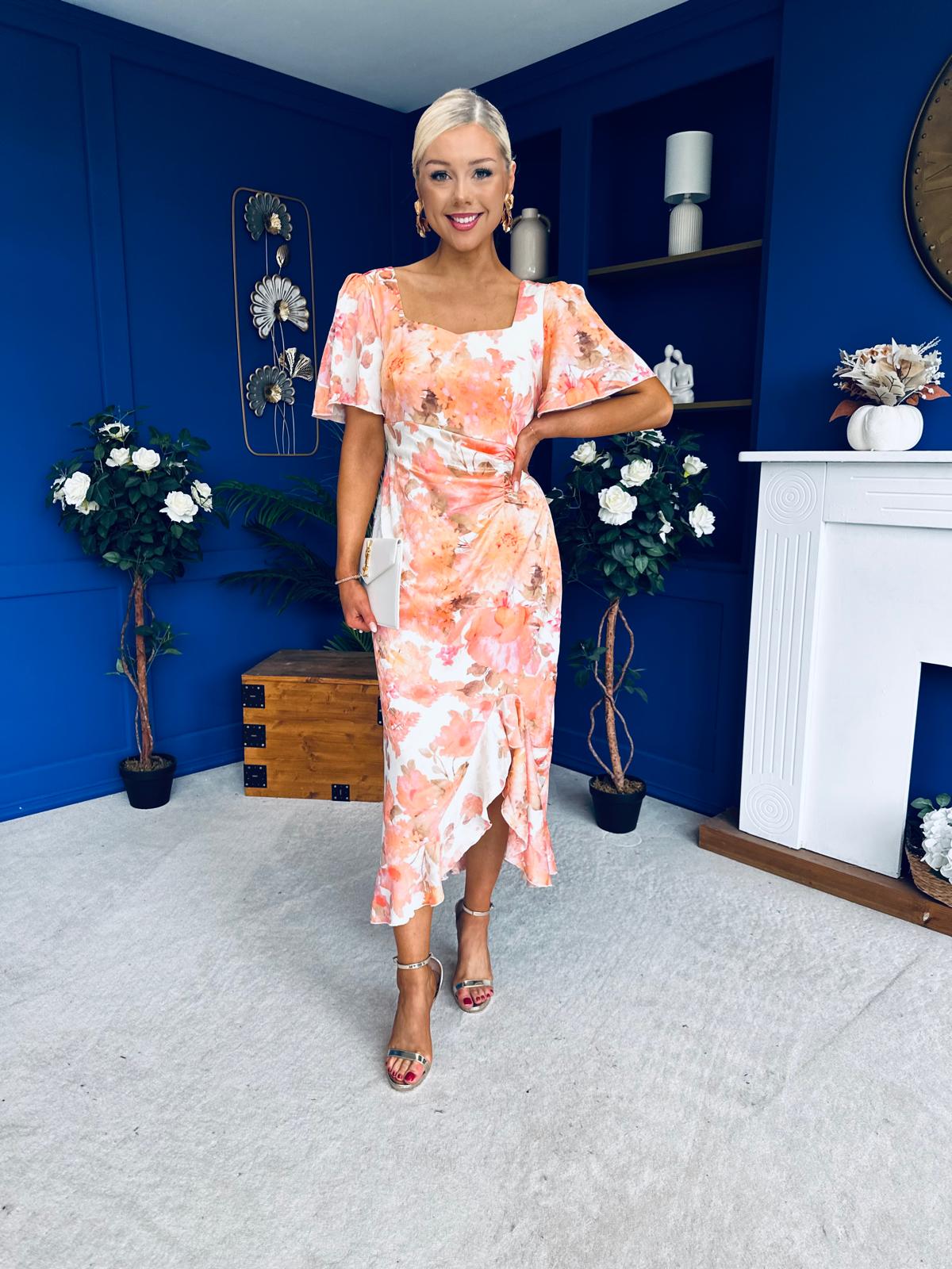 Heidi Square Neck Ruched Midi Dress Floral Coral