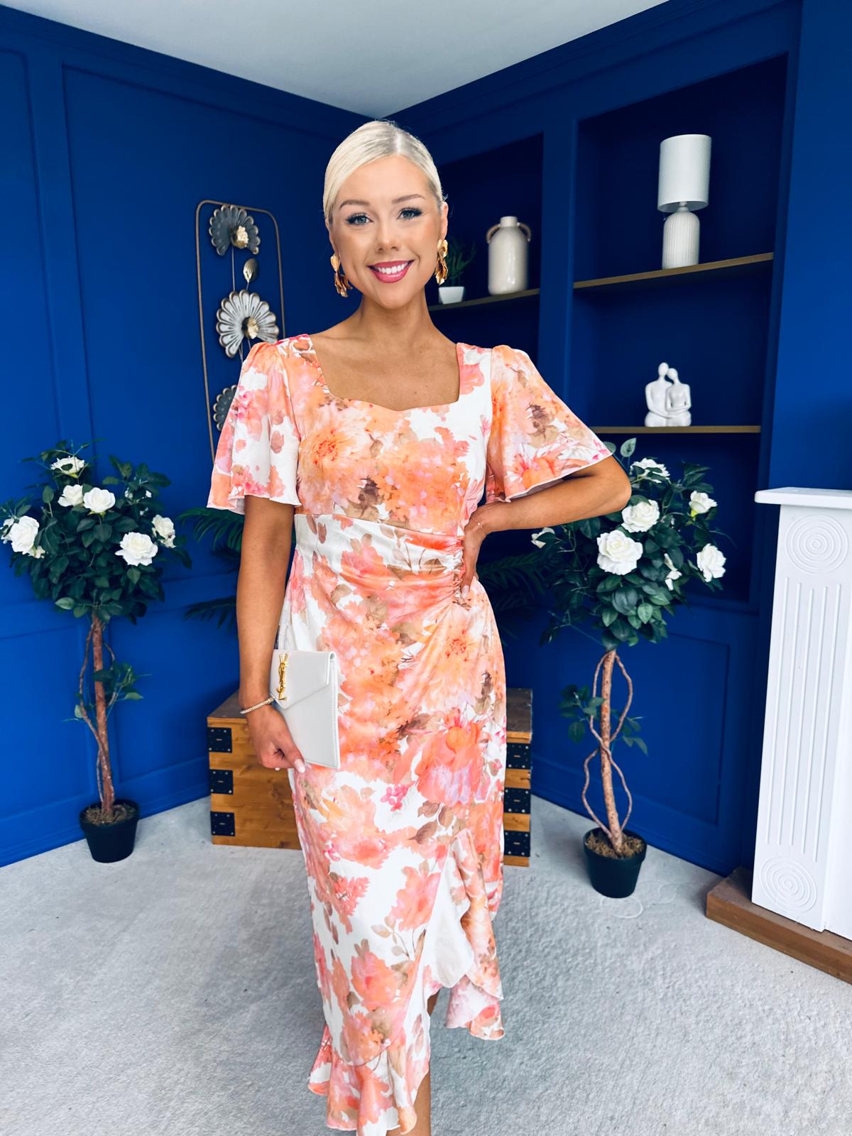 Heidi Square Neck Ruched Midi Dress Floral Coral