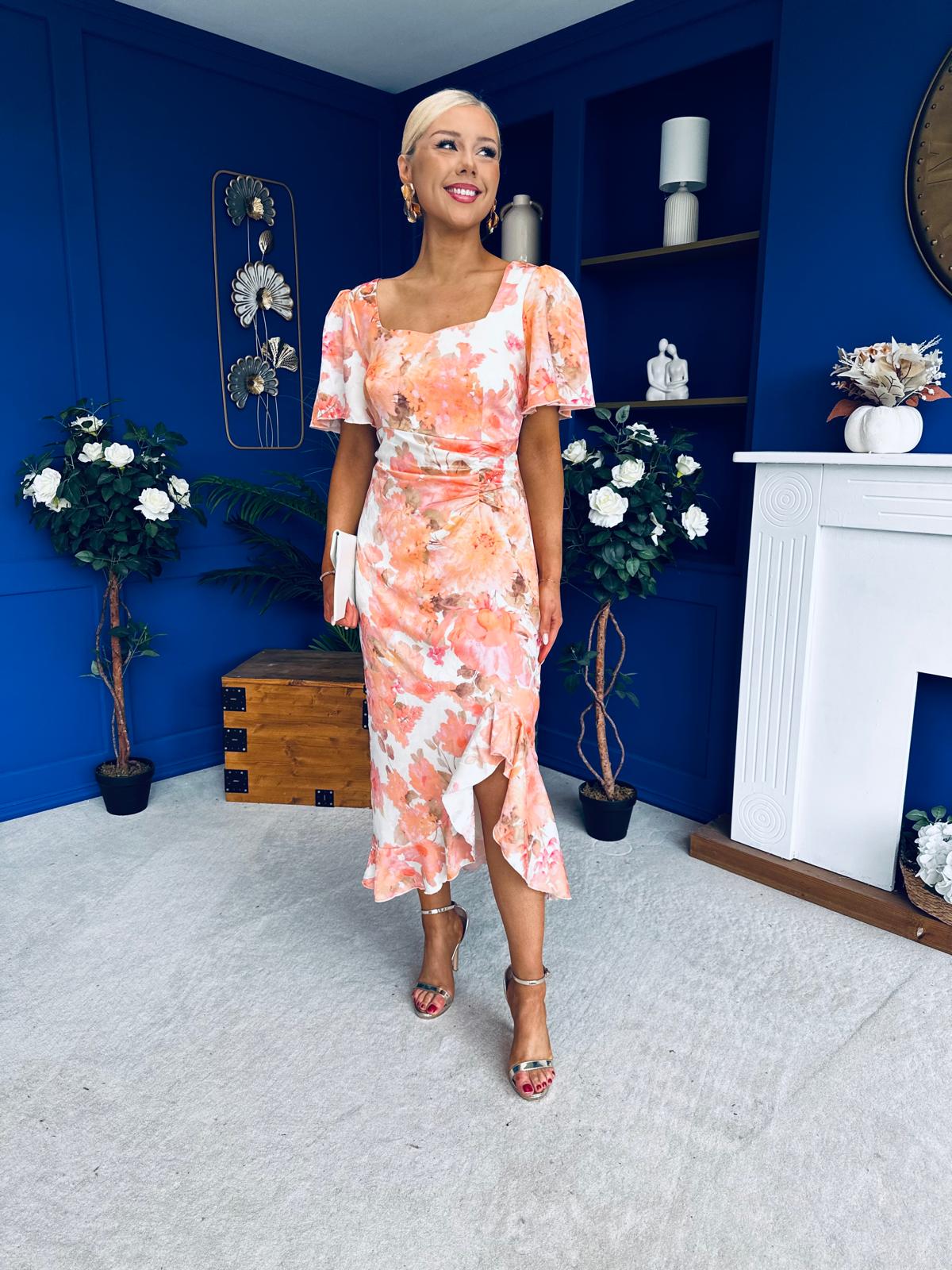 Heidi Square Neck Ruched Midi Dress Floral Coral