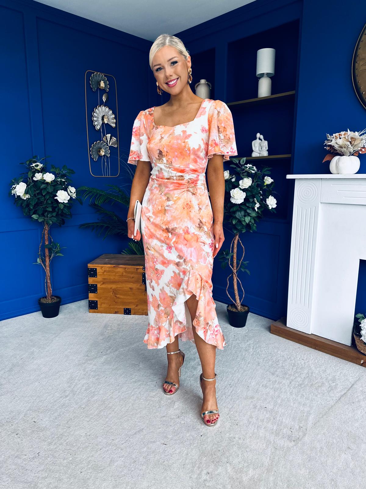 Heidi Square Neck Ruched Midi Dress Floral Coral