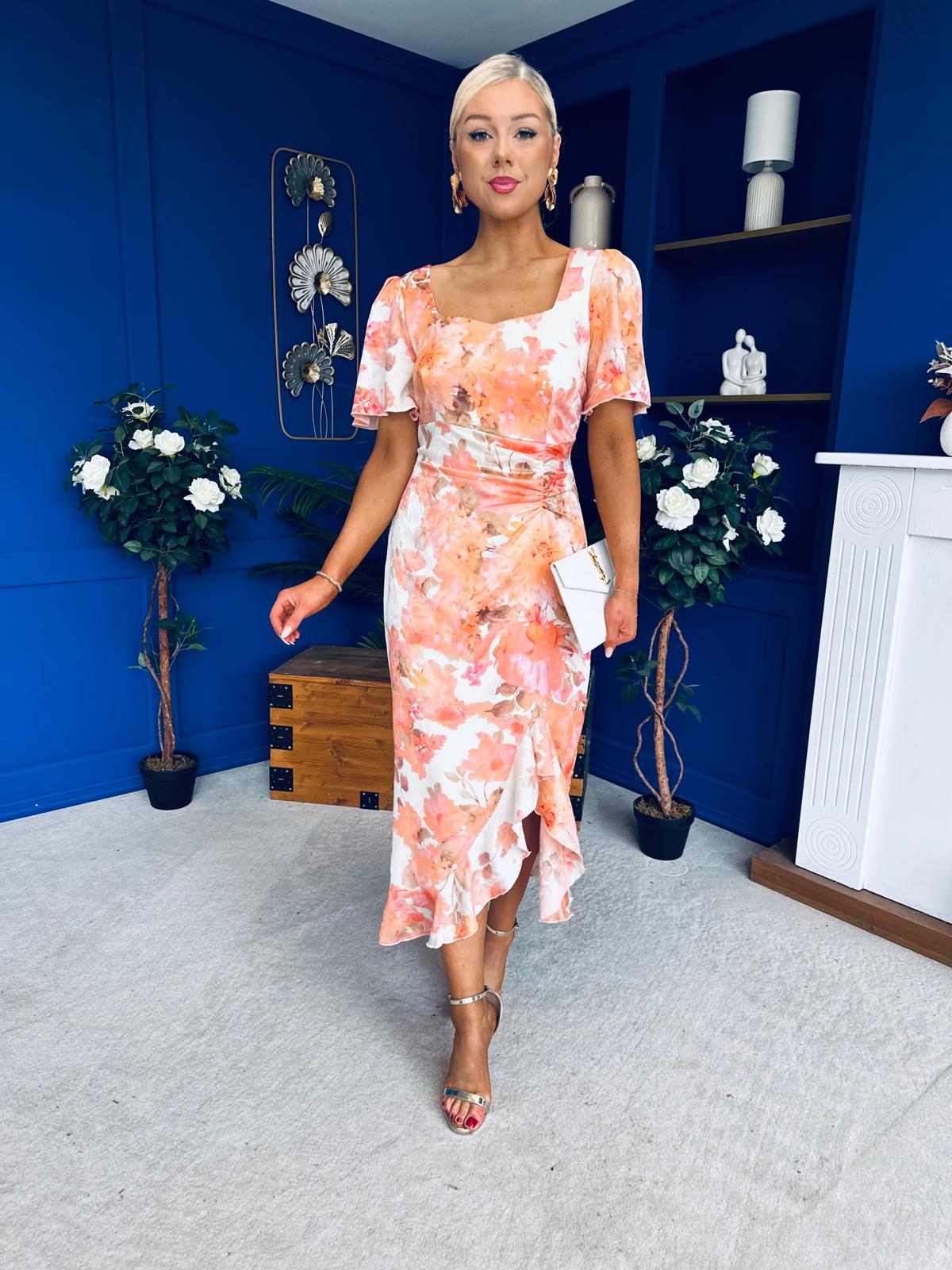 Heidi Square Neck Ruched Midi Dress Floral Coral