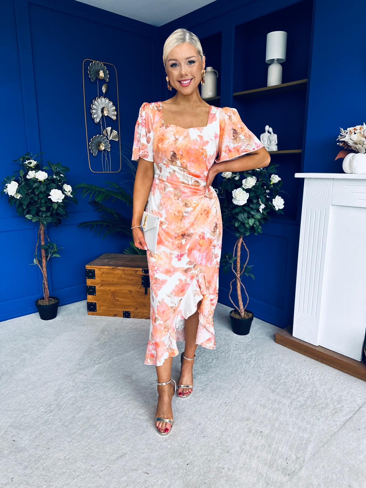 Heidi Square Neck Ruched Midi Dress Floral Coral