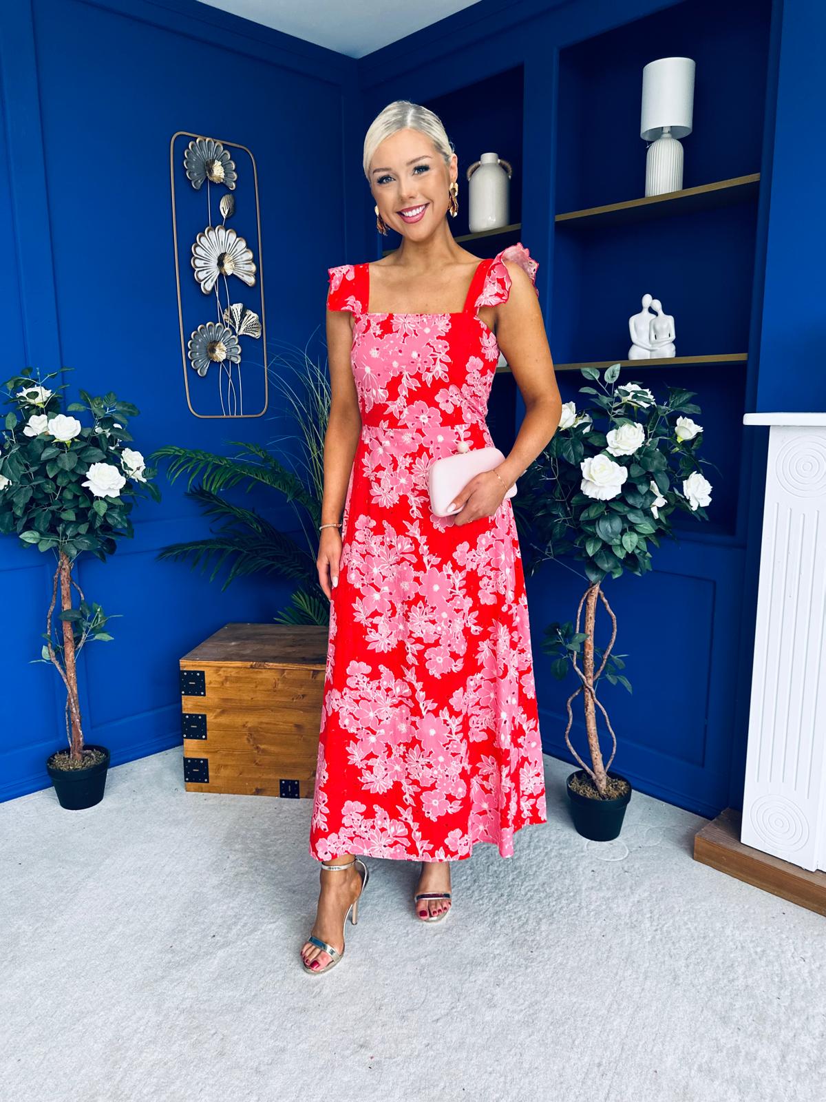 Orla Broderie Anglaise Floral Border Maxi Dress Pink