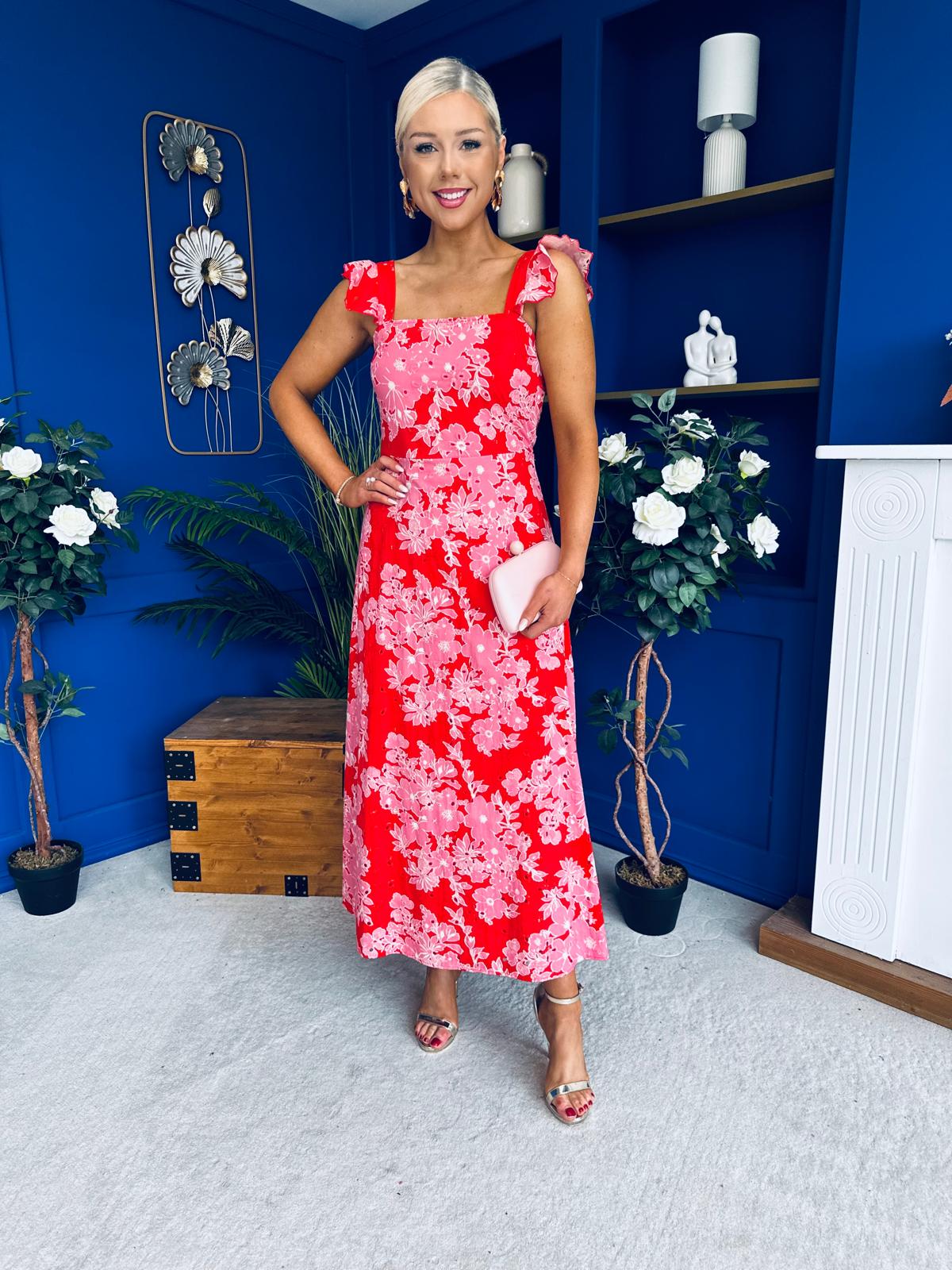 Orla Broderie Anglaise Floral Border Maxi Dress Pink