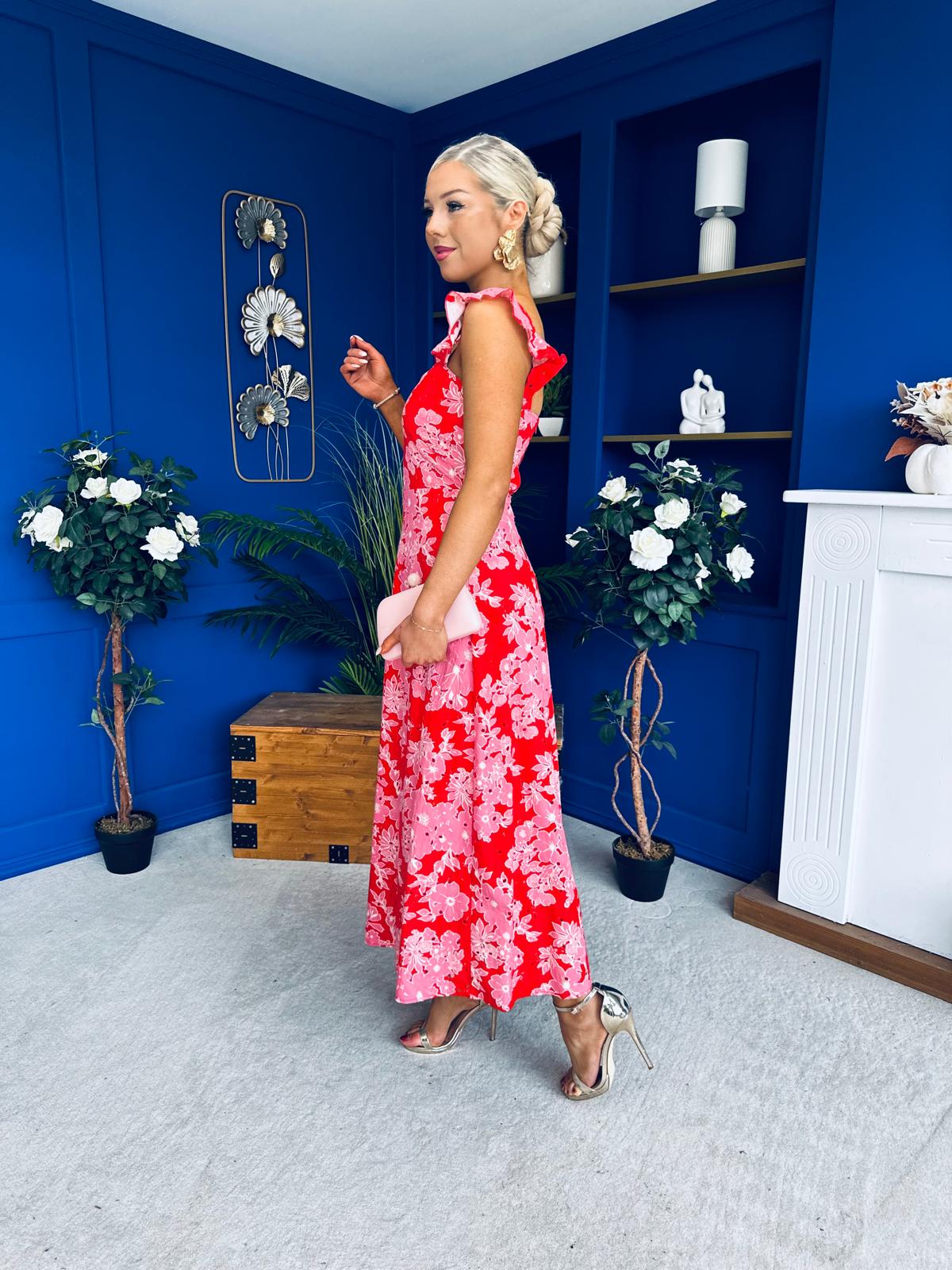 Orla Broderie Anglaise Floral Border Maxi Dress Pink