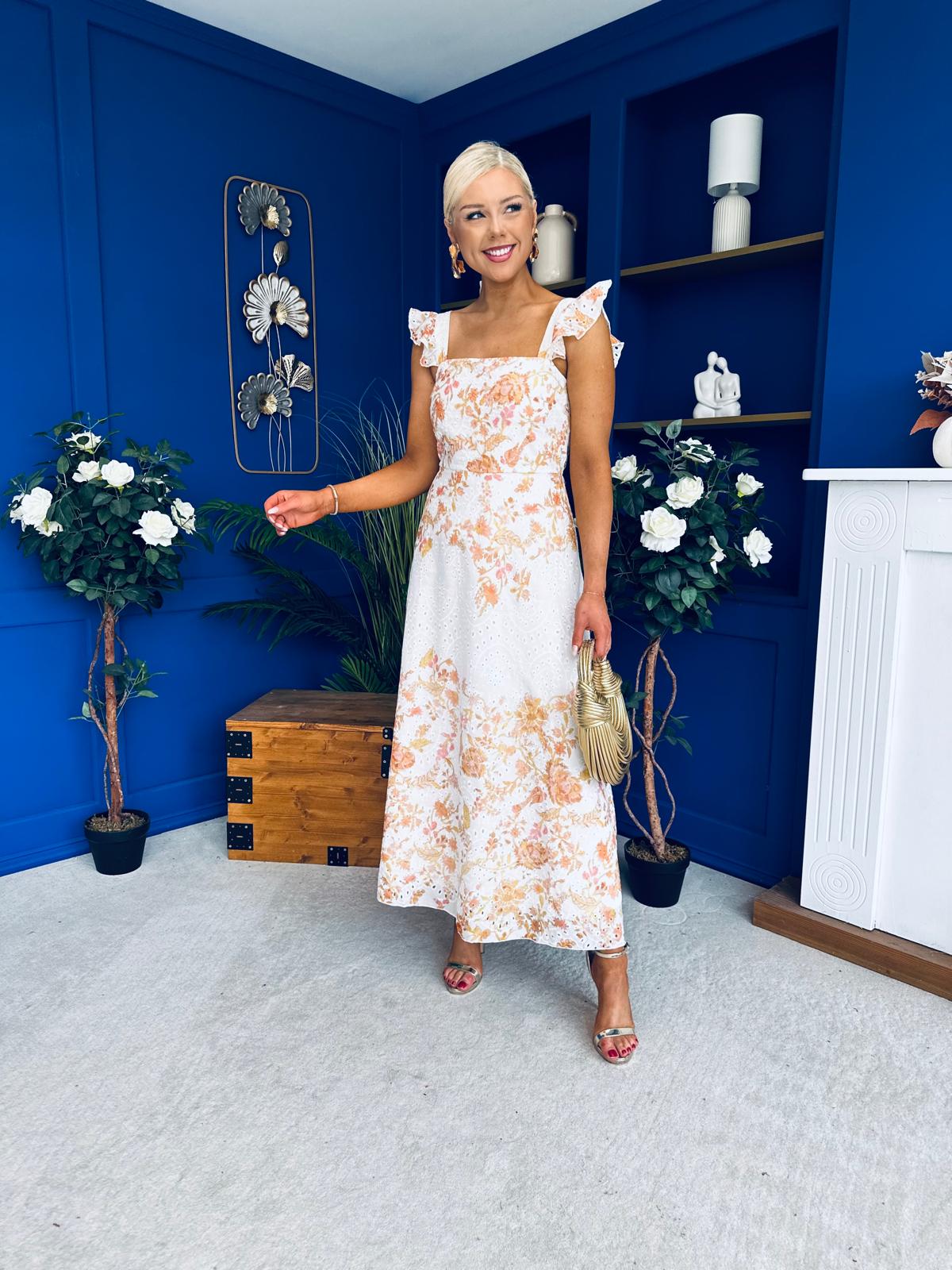 Orla Broderie Anglaise Floral Border Maxi Dress White