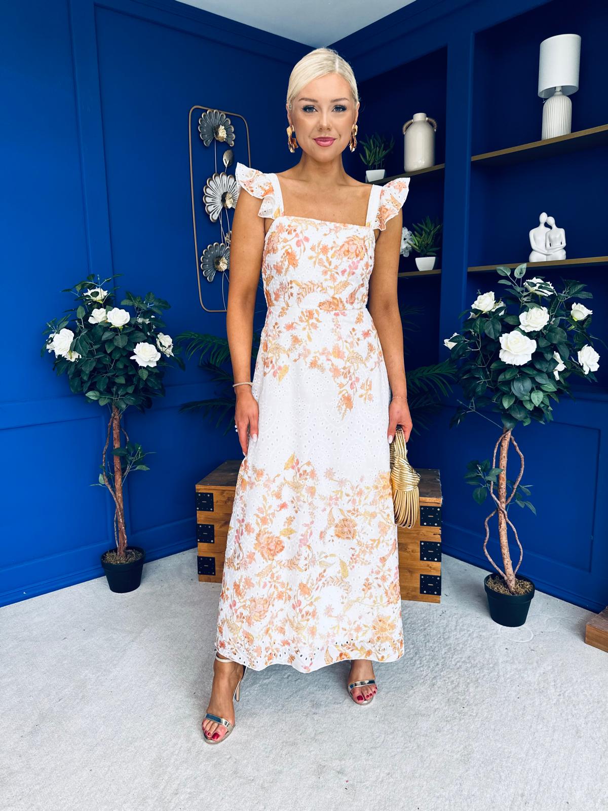 Orla Broderie Anglaise Floral Border Maxi Dress White