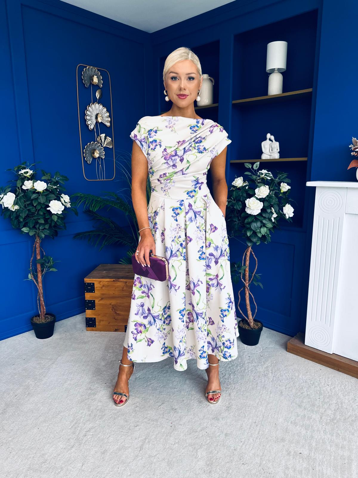 Breffy Asymmetric Neckline Skater Midi Floral Lilac & Cream