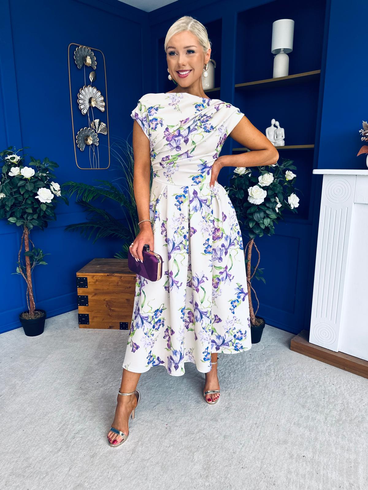 Breffy Asymmetric Neckline Skater Midi Floral Lilac & Cream