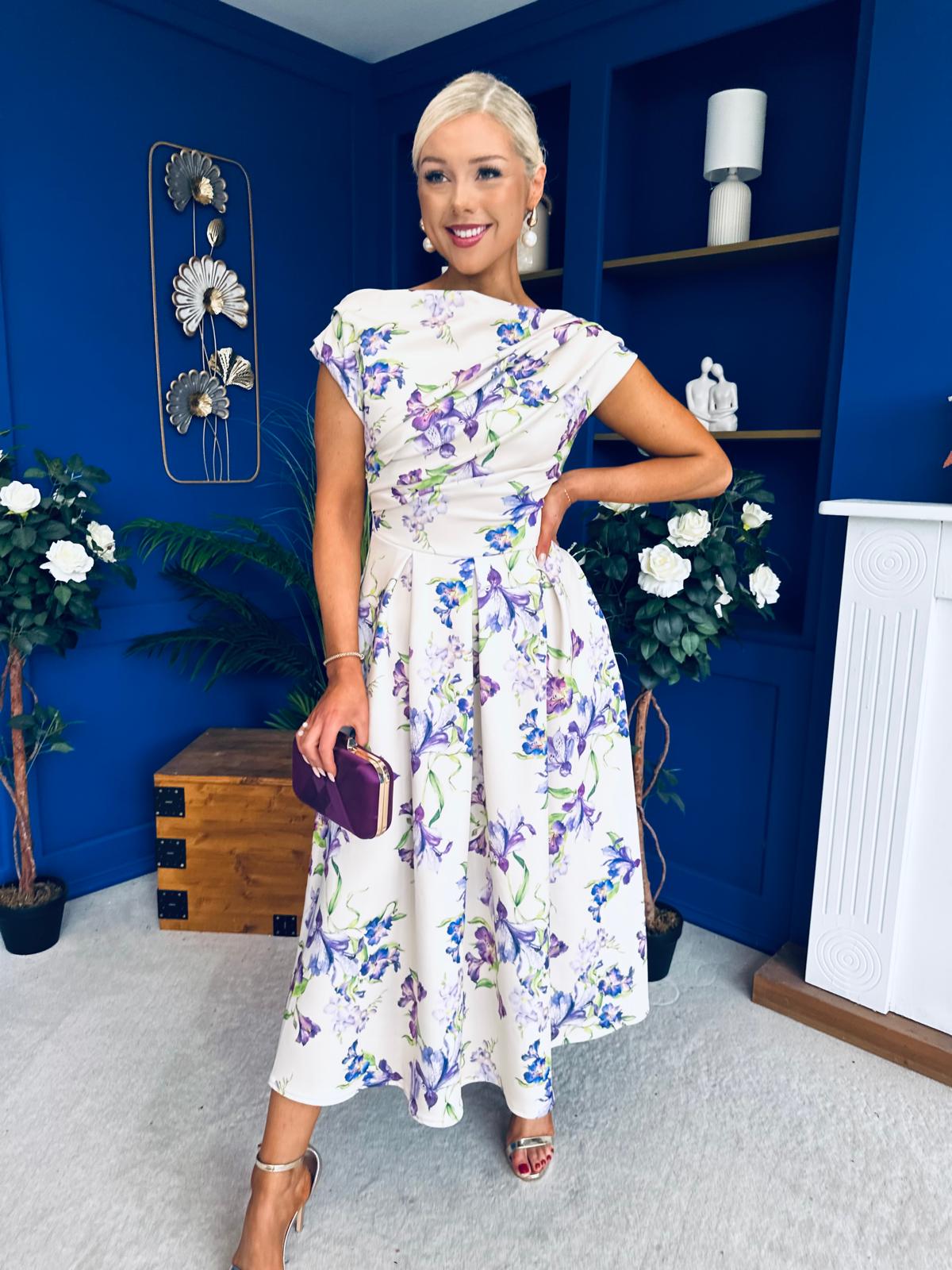 Breffy Asymmetric Neckline Skater Midi Floral Lilac & Cream
