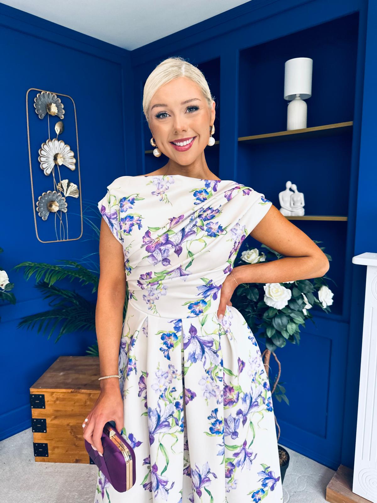 Breffy Asymmetric Neckline Skater Midi Floral Lilac & Cream