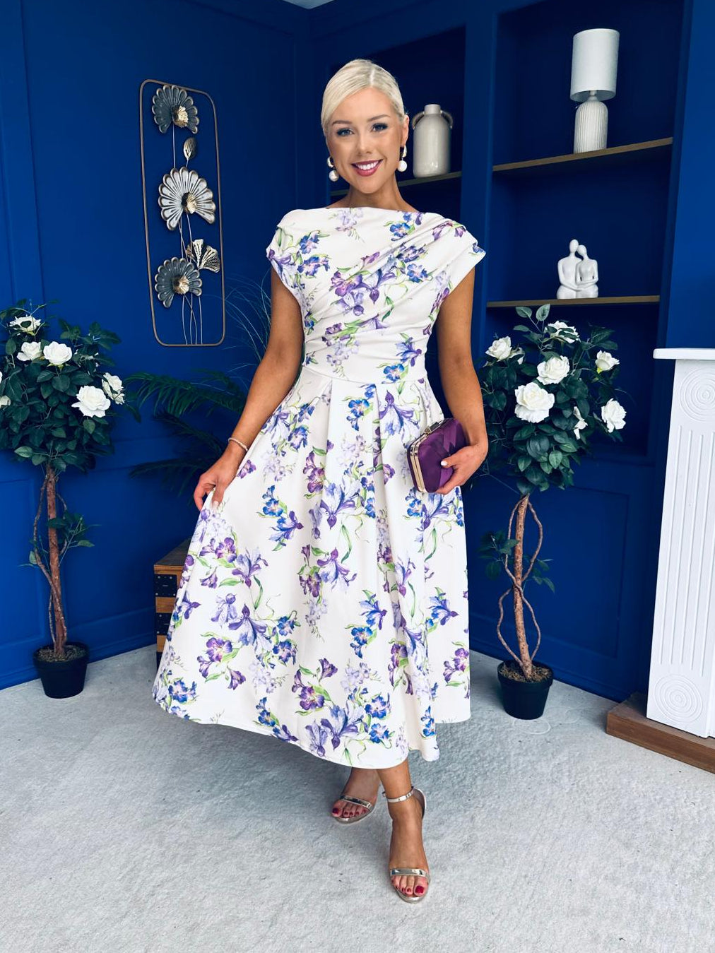 Breffy Asymmetric Neckline Skater Midi Floral Lilac & Cream
