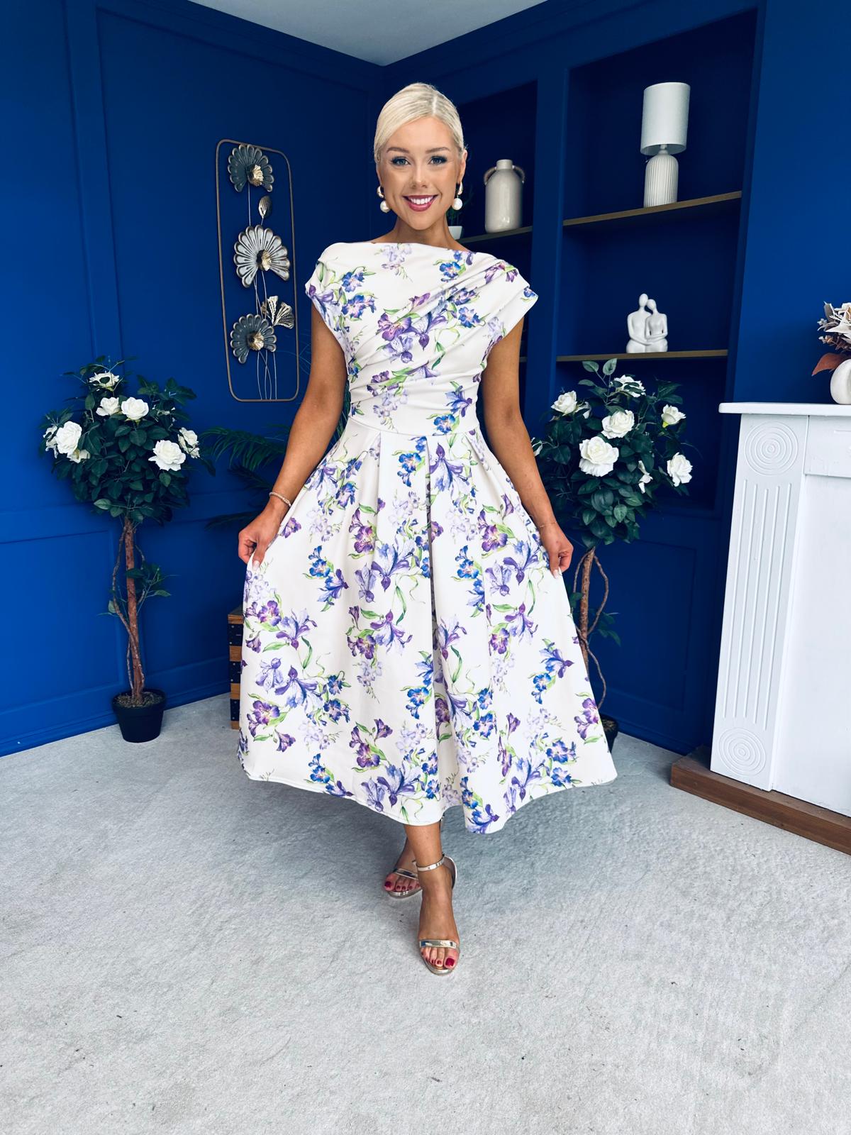 Breffy Asymmetric Neckline Skater Midi Floral Lilac & Cream