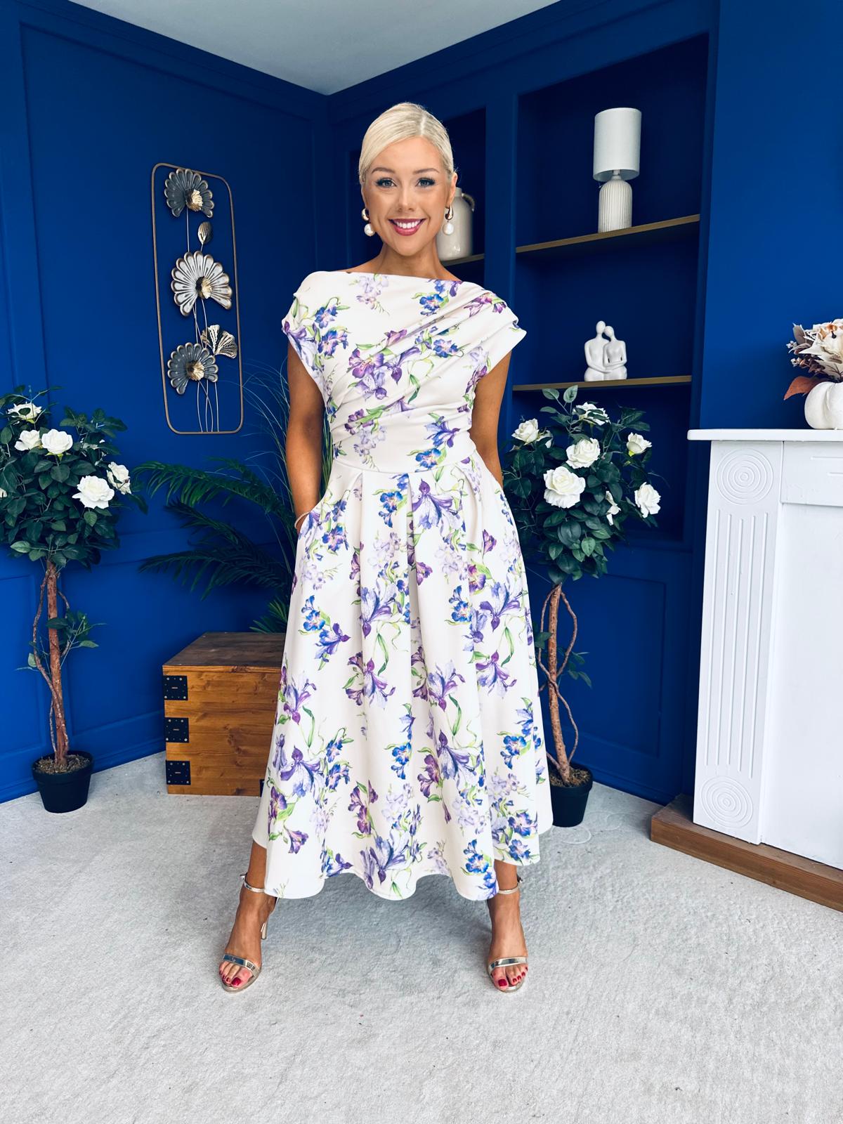 Breffy Asymmetric Neckline Skater Midi Floral Lilac & Cream