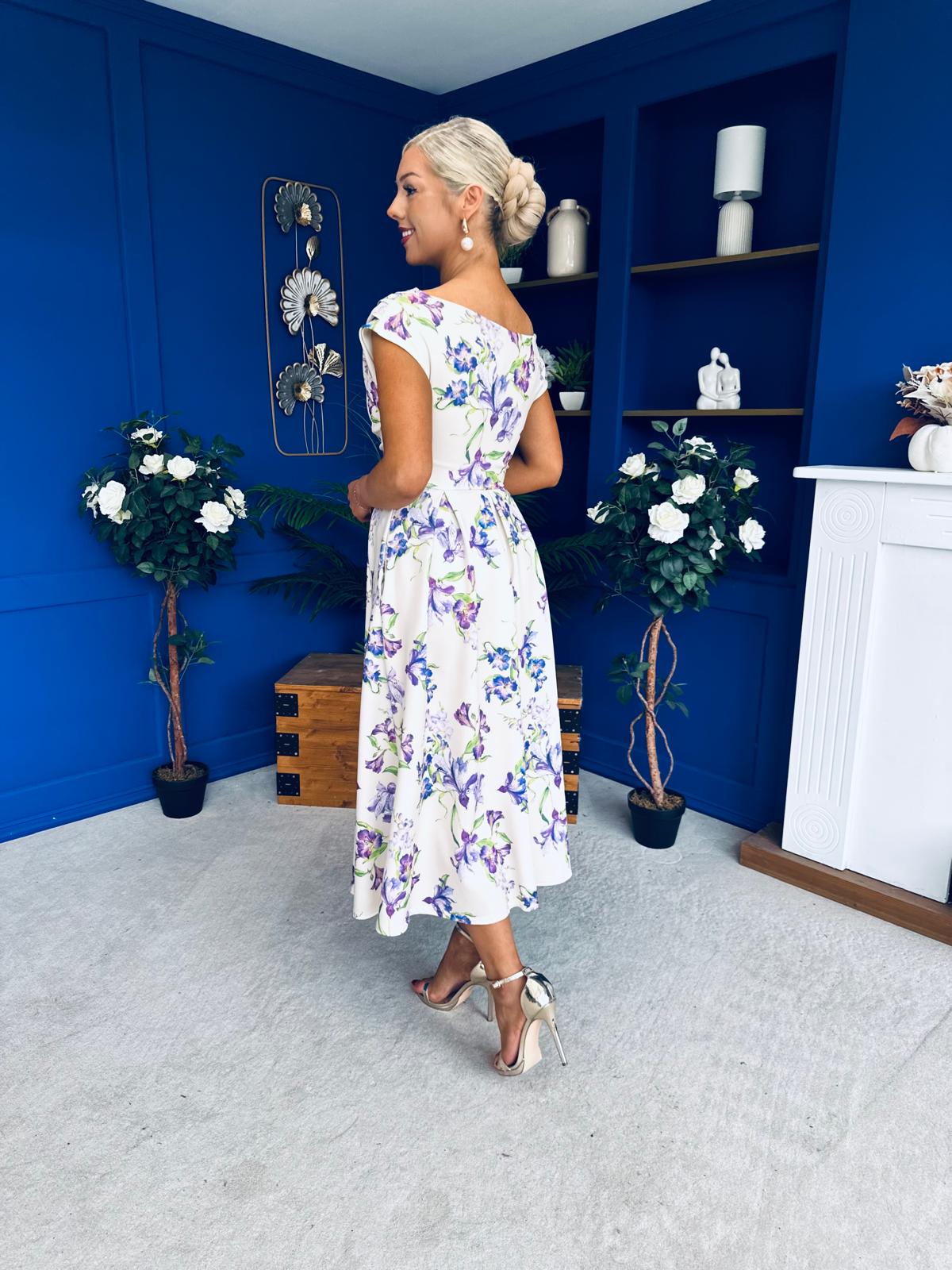 Breffy Asymmetric Neckline Skater Midi Floral Lilac & Cream