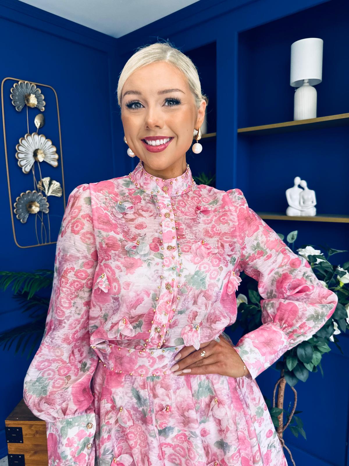 Gina Embellished Shirt & Skirt Set Rose
