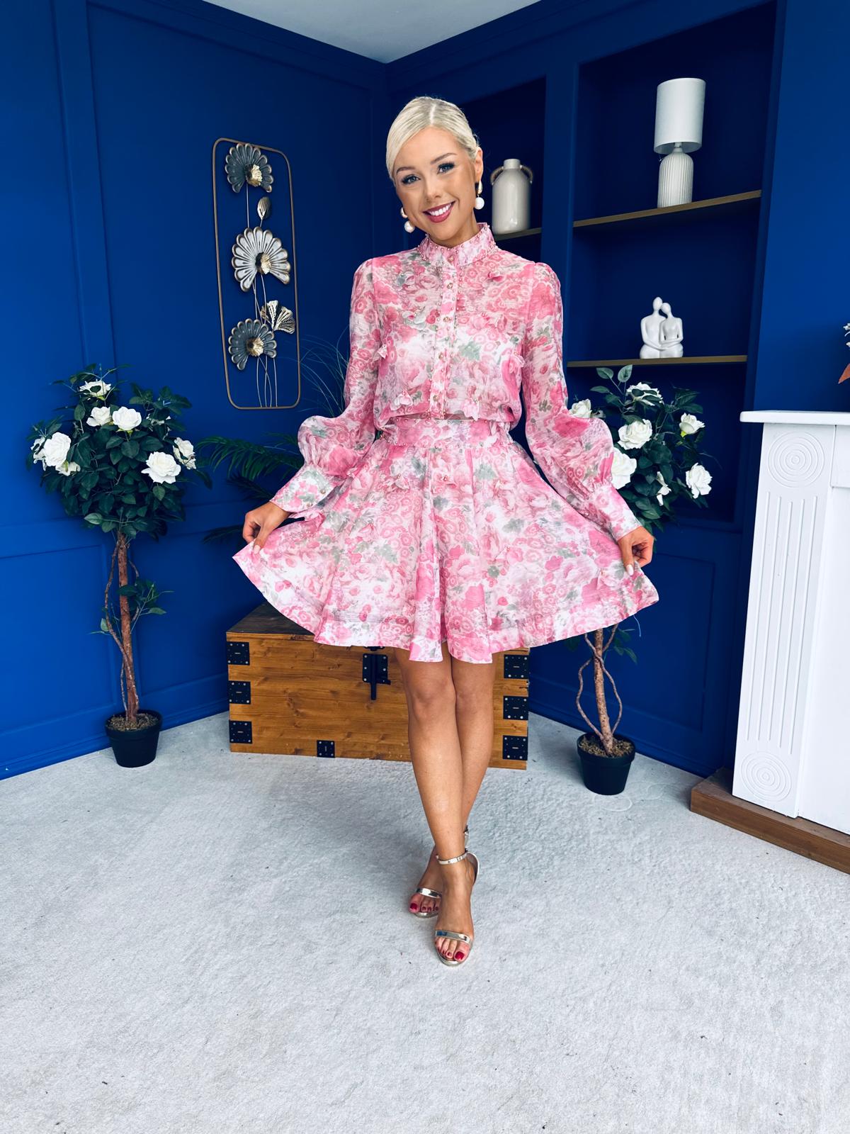 Gina Embellished Shirt & Skirt Set Rose