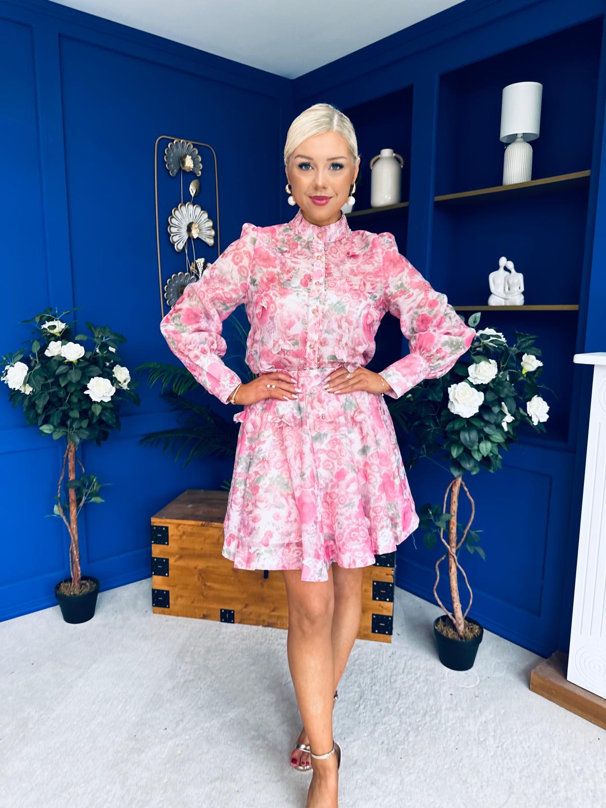 Gina Embellished Shirt & Skirt Set Rose