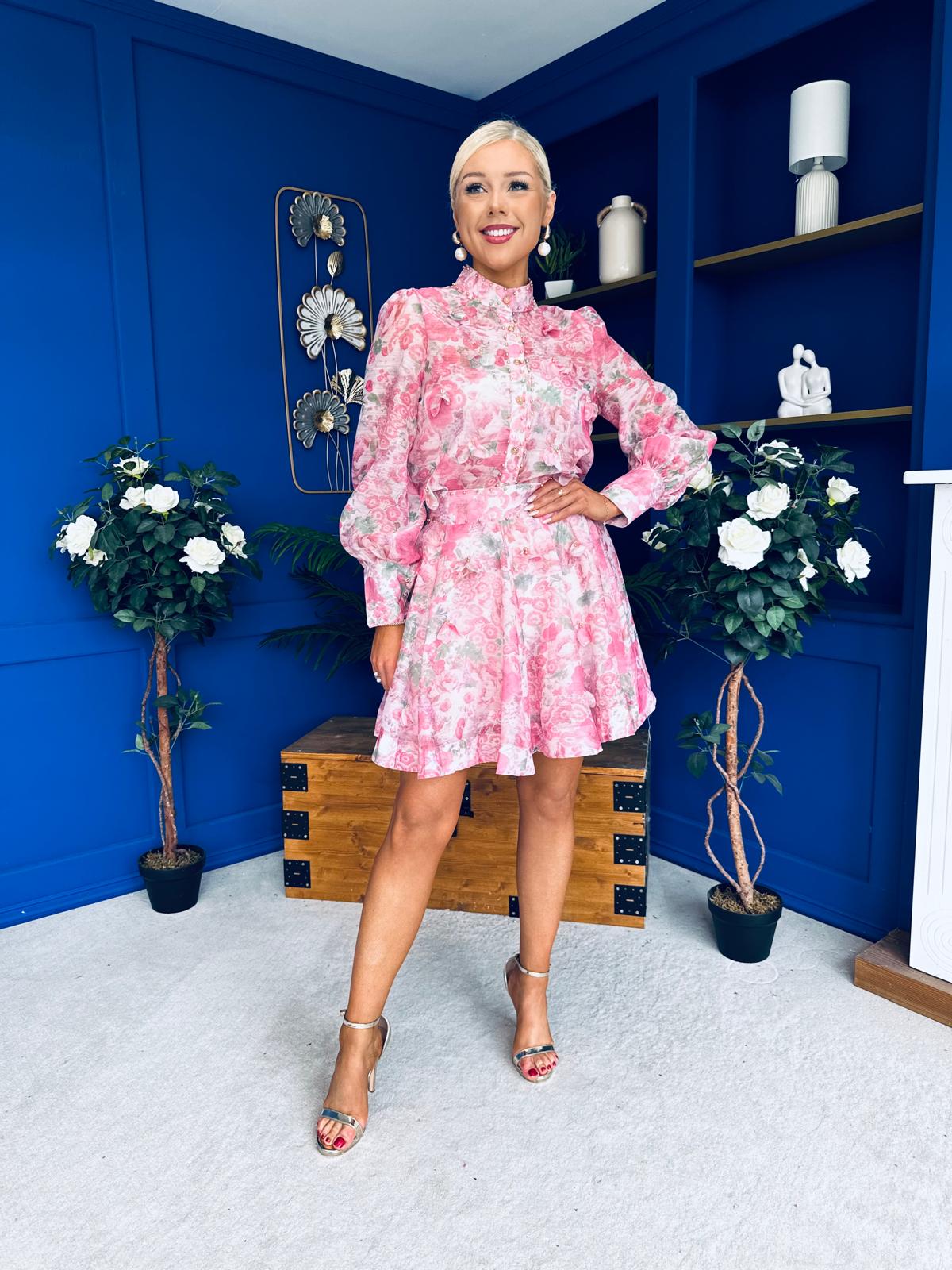 Gina Embellished Shirt & Skirt Set Rose