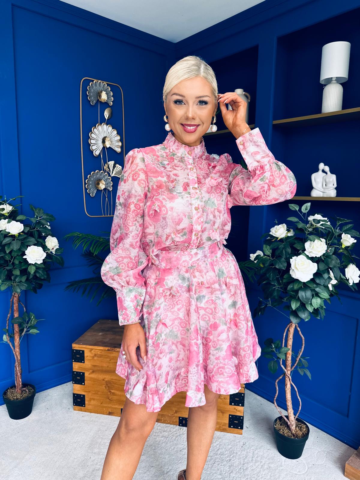 Gina Embellished Shirt & Skirt Set Rose