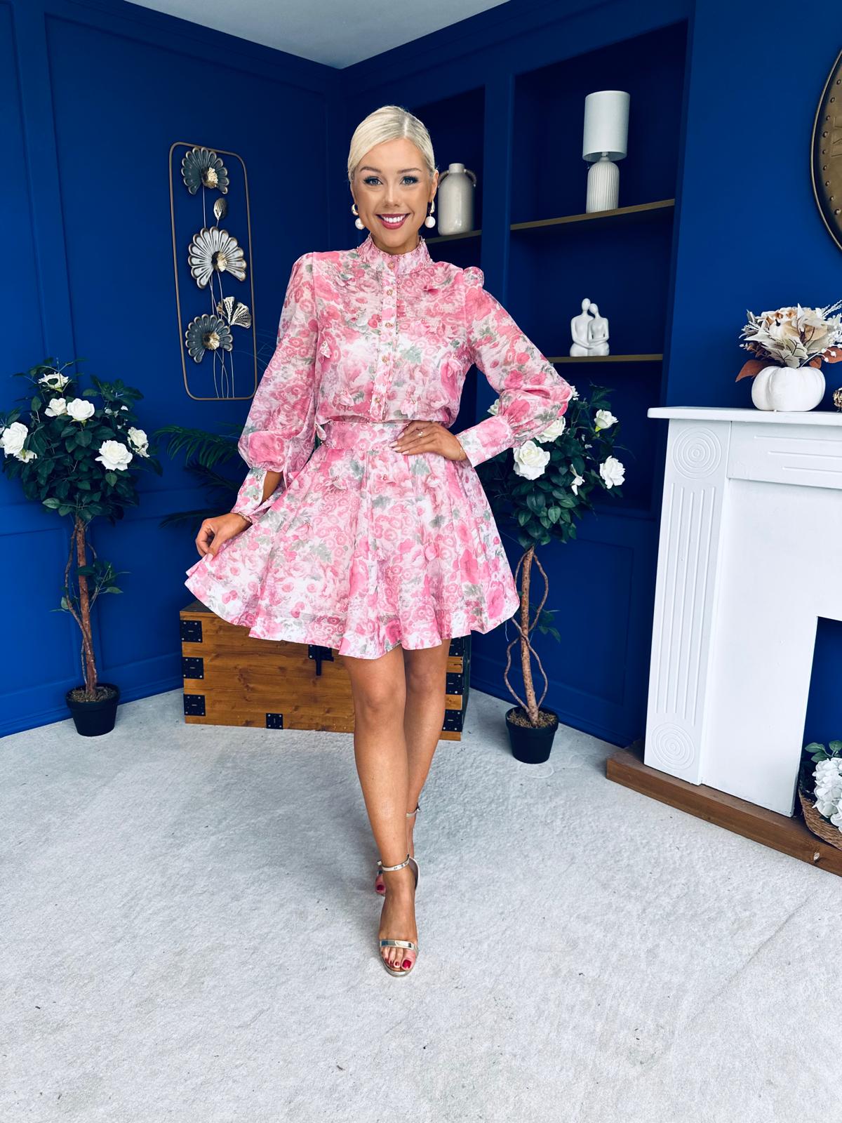 Gina Embellished Shirt & Skirt Set Rose