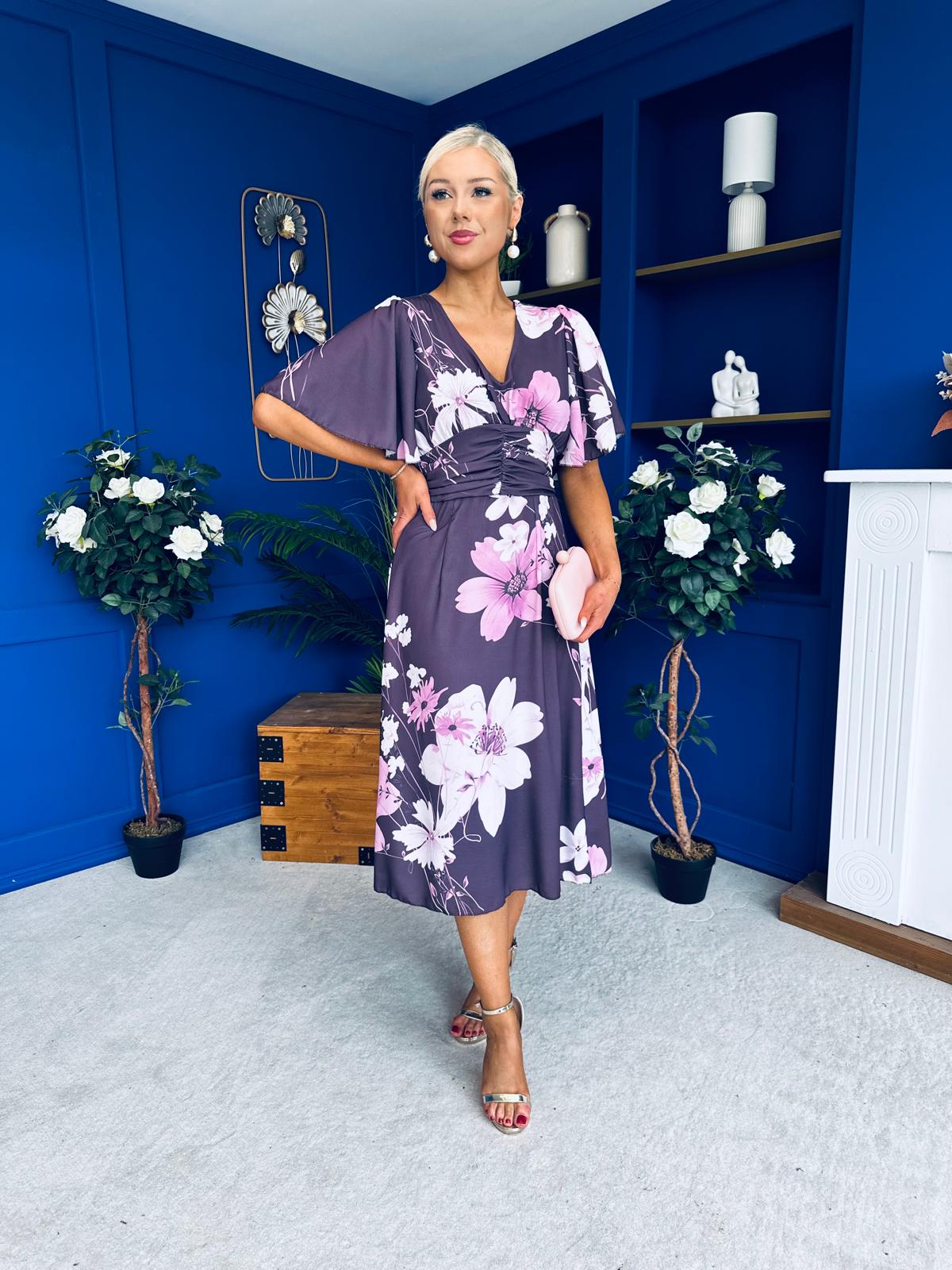 Saoirse Angel Sleeve Midi Dress Floral Burgundy