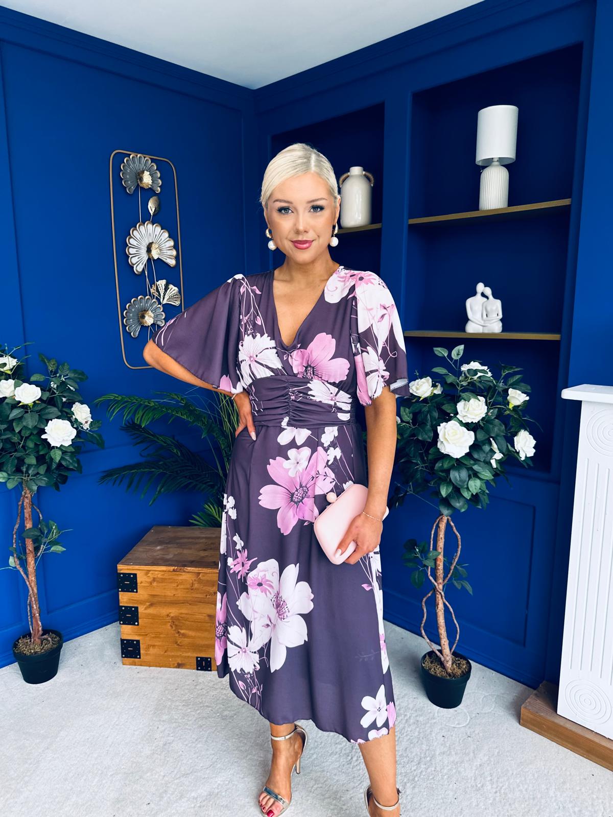 Saoirse Angel Sleeve Midi Dress Floral Burgundy