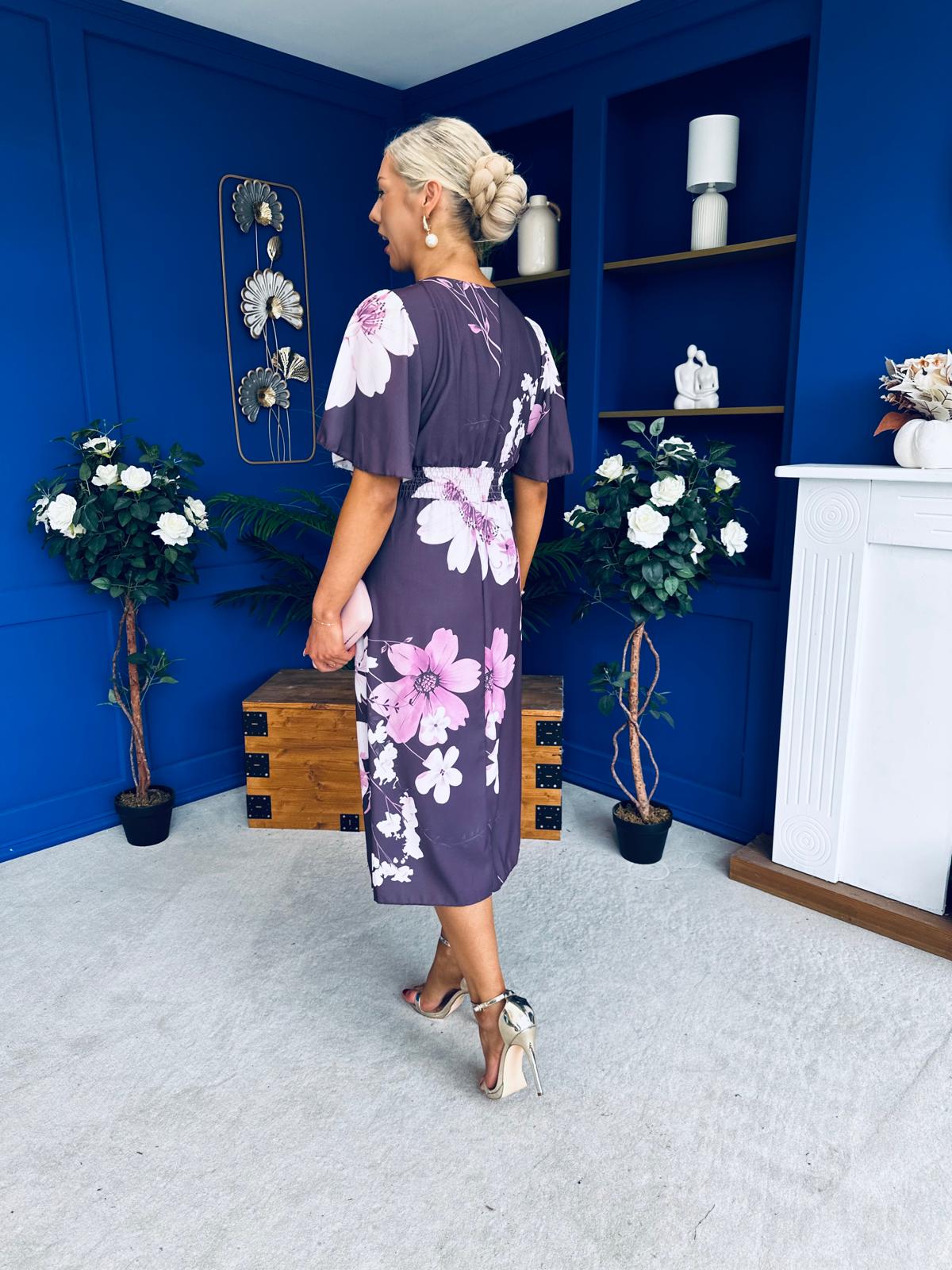 Saoirse Angel Sleeve Midi Dress Floral Burgundy