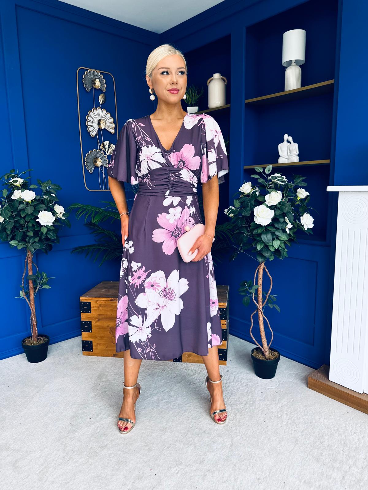 Saoirse Angel Sleeve Midi Dress Floral Burgundy