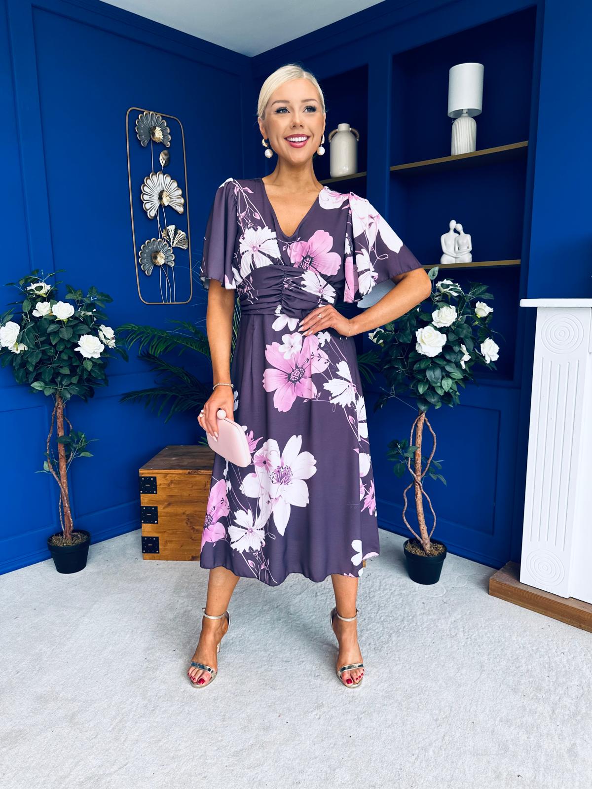 Saoirse Angel Sleeve Midi Dress Floral Burgundy