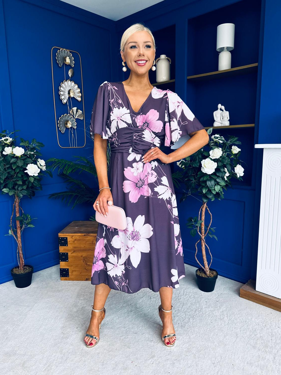 Saoirse Angel Sleeve Midi Dress Floral Burgundy