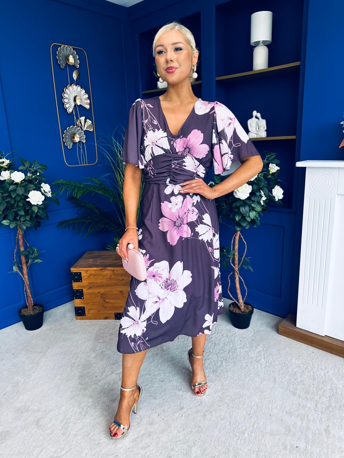 Saoirse Angel Sleeve Midi Dress Floral Burgundy