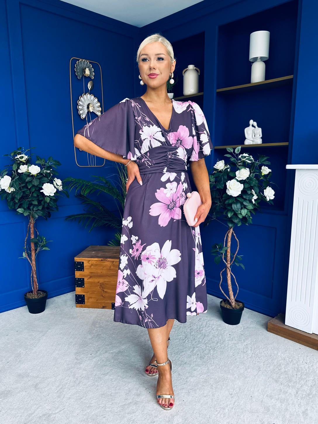 Saoirse Angel Sleeve Midi Dress Floral Burgundy