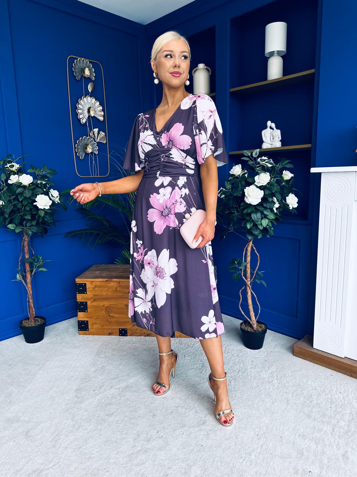 Saoirse Angel Sleeve Midi Dress Floral Burgundy