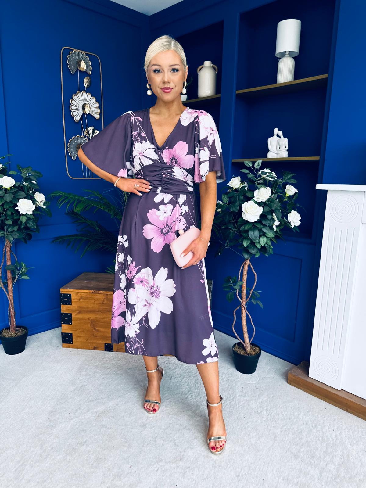 Saoirse Angel Sleeve Midi Dress Floral Burgundy
