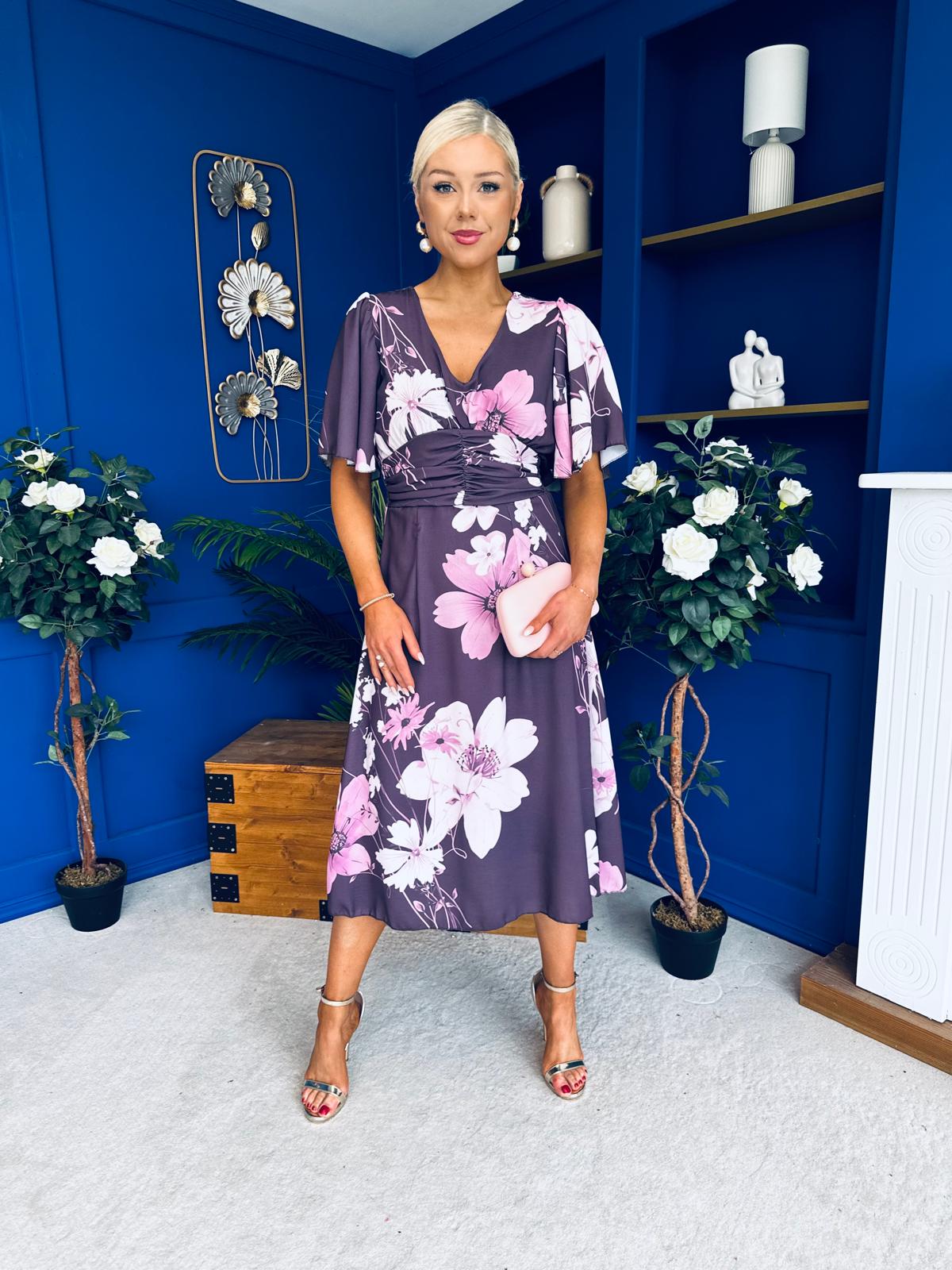 Saoirse Angel Sleeve Midi Dress Floral Burgundy